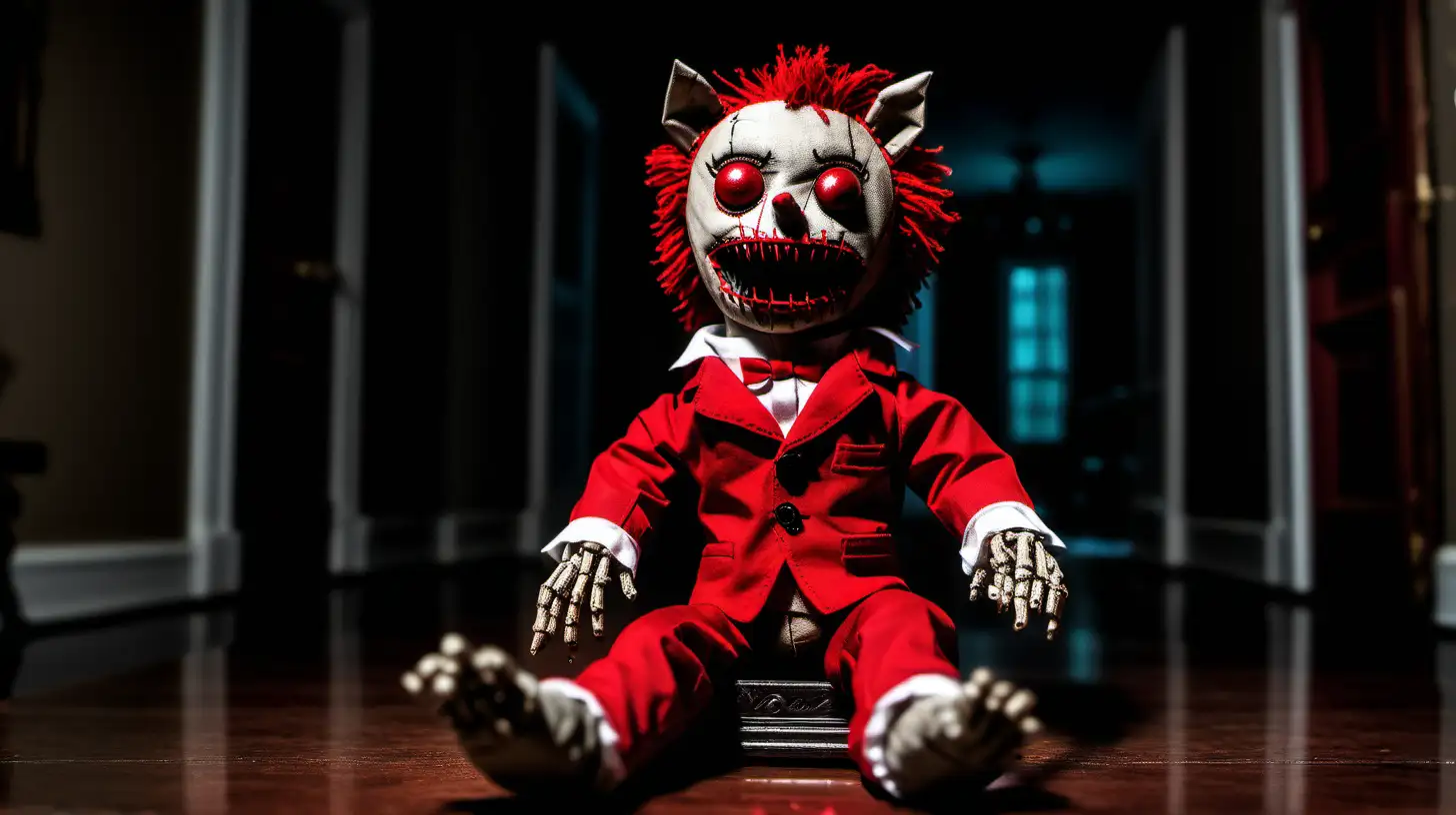 A voodoo doll that looks like a werewolf in a red suite inside a dark Louisiana mansion at night.
