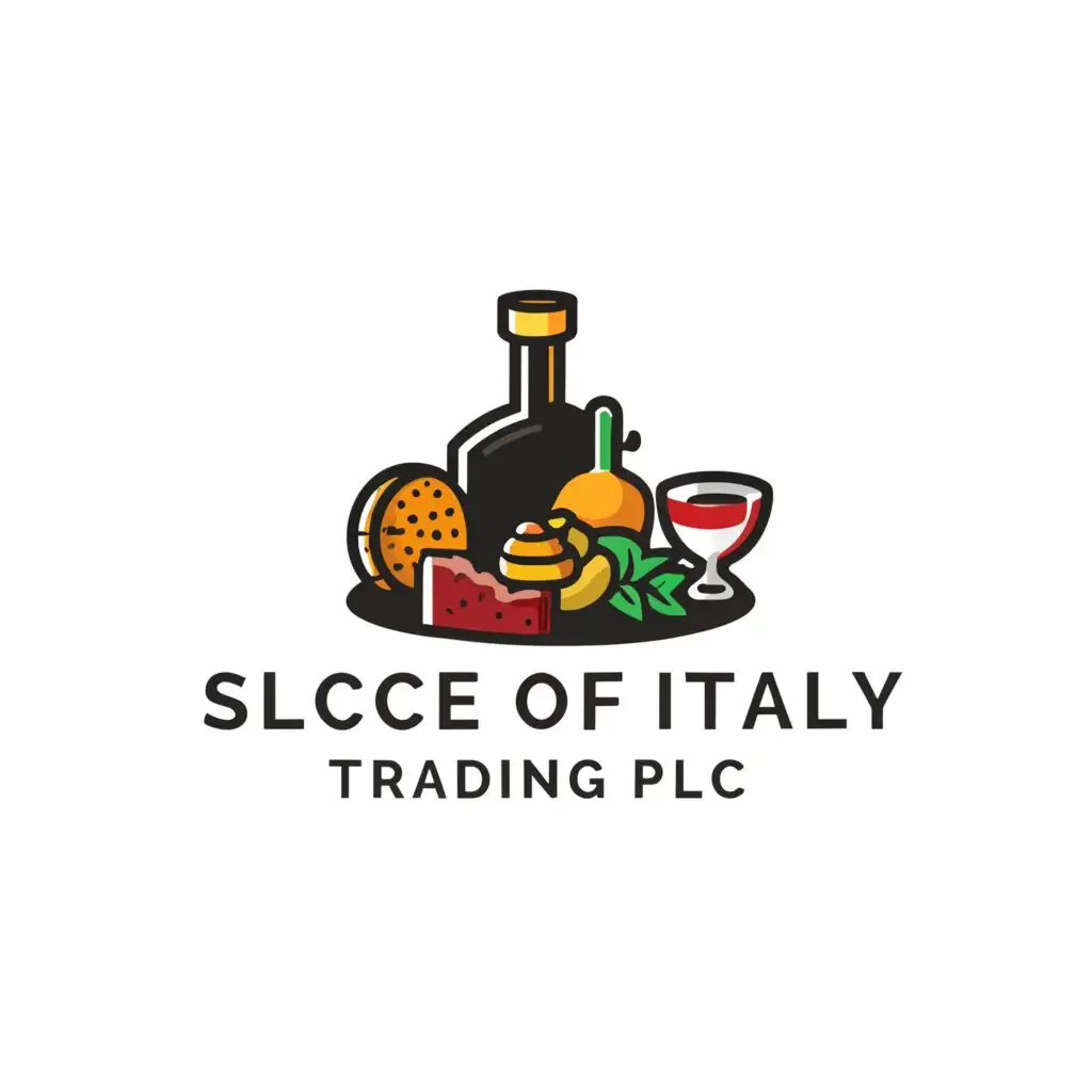 a logo design,with the text 'slice of italy trading plc', main symbol:pork, cheese, olive oil, wine,Minimalistic,be used in FOOD industry,clear background