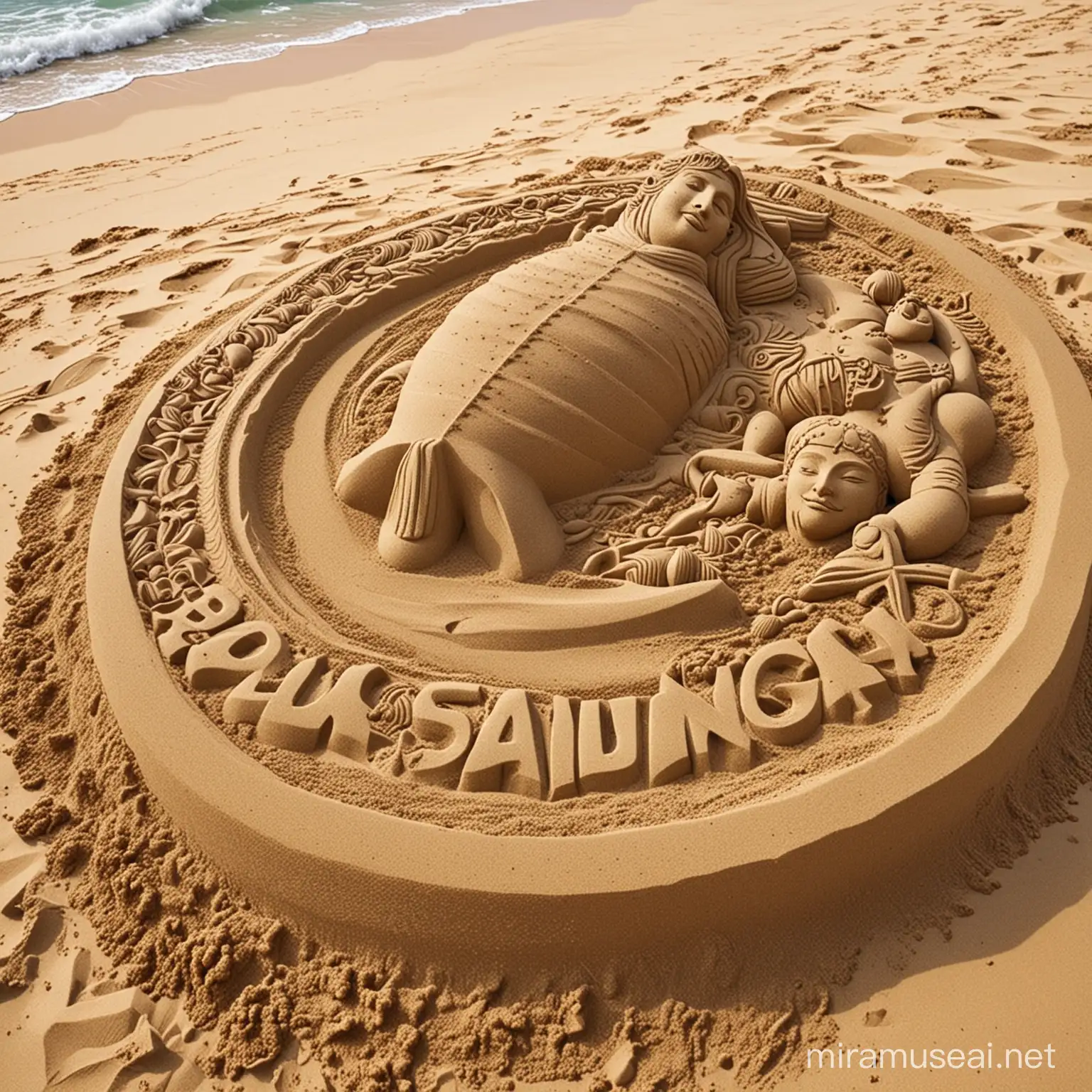 Exquisite 3D Sand Sculpture on Beach High Definition Photography