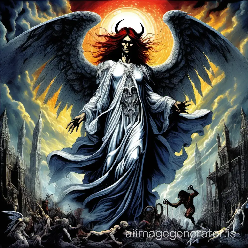 Imagine a fantasy angel and demon in the style of Keith Parkinson. masterpiece, best quality, High contrast, colorful, stark, dramatic, detailed background, high quality, by Keith Parkinson,