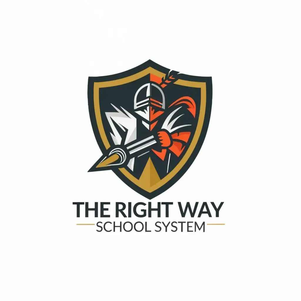 logo, Knight shield with book symbol inside and pen, with the text "The Right Way School System", typography, be used in Education industry
