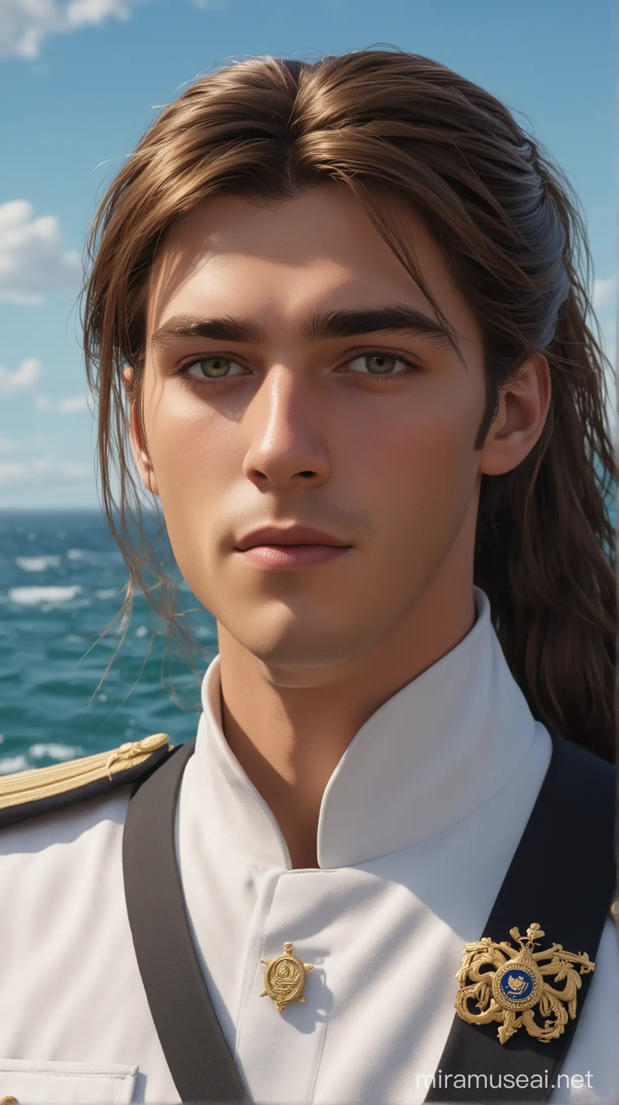in a sea natural background military there are disney prince John is man American  21-year-old and with long dark brown hair tied in a low ponytail and green eyes and white military uniform navy and muscled an face beautiful 8k re solution ultra-realistic