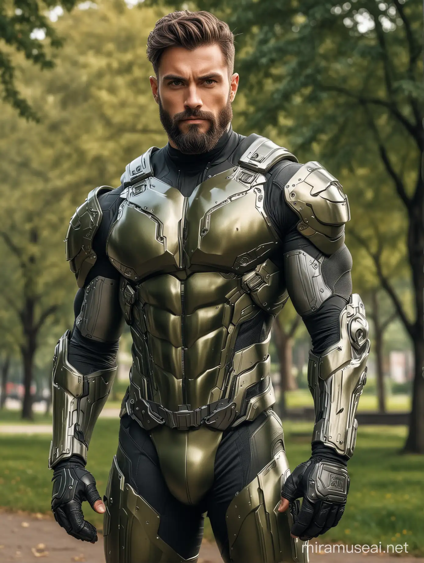 SciFi Bodybuilder Men in HighTech Armor Suit Posed in Urban Park