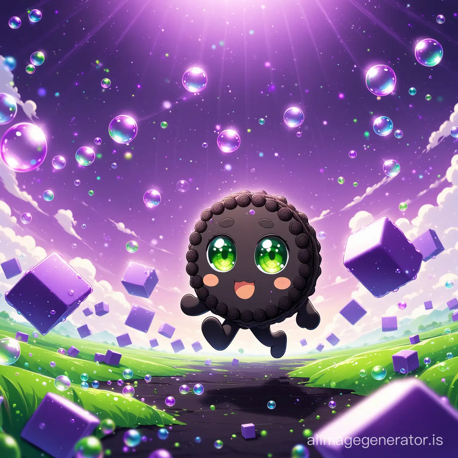 a happy black cookie with green eyes walking in the land of Bubbles
Bubbles are scattered in the environment
also little purple blocks fell on the floor
Details are evident beautifully and with great precision
