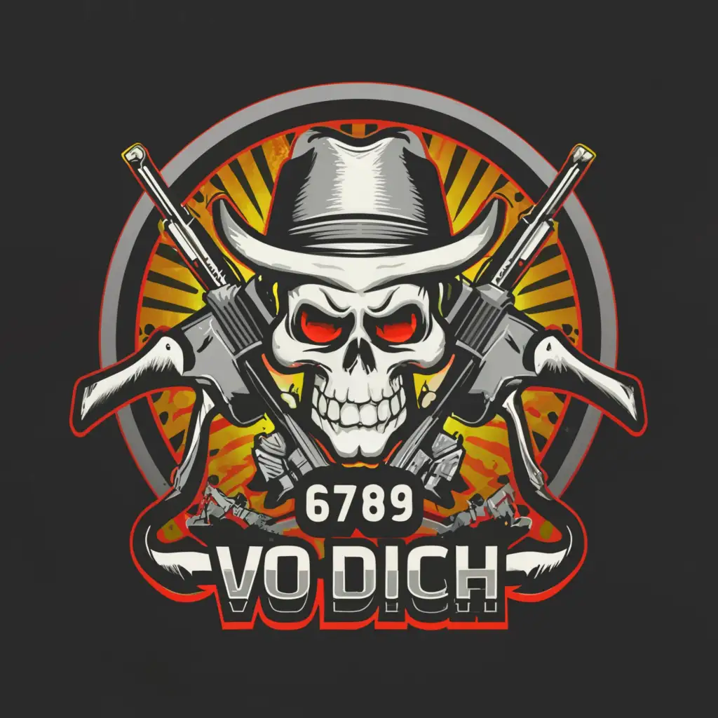 a logo design,with the text '6789 VO DICH  ', main symbol:The skull wearing a hat in the following 3 pubg games has 2 guns,complex,to be used in the Internet industry,clear background