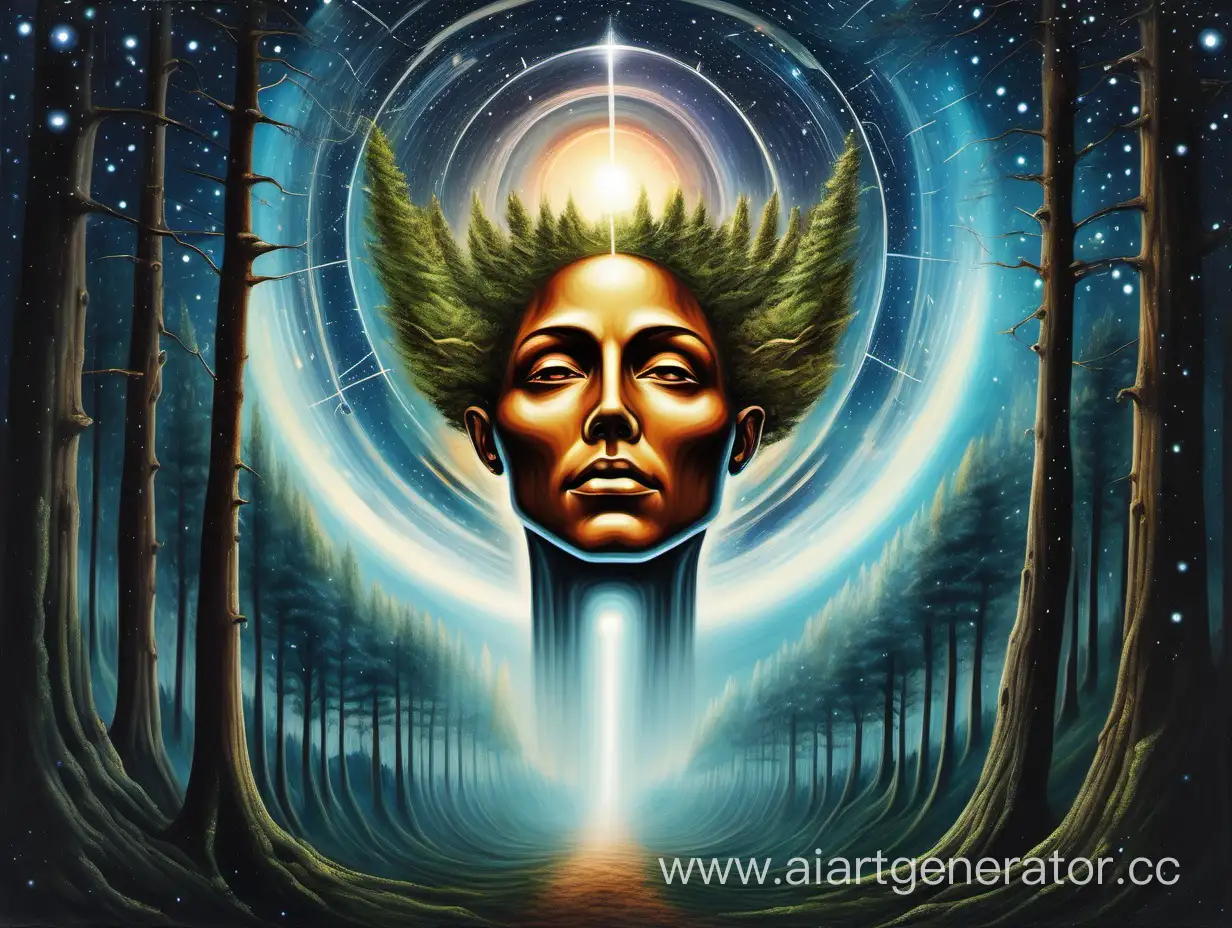 A surreal painting of a beautiful ancient human face transforming into a halo, with a futuristic spaceship flying into a starry sky in the background and a forest at the bottom. Fusion of nature and technology from bottom to top.