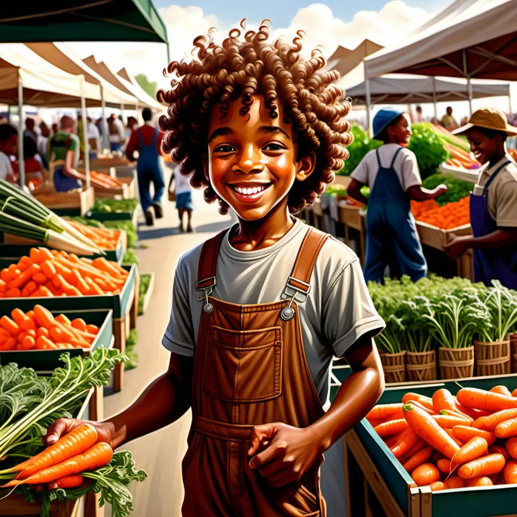 Cheerful African American Boy in Brown Overalls Picking Carrots