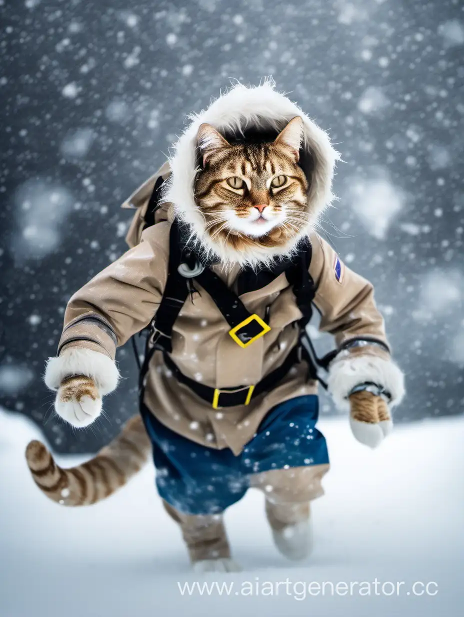 A cat in an Arctic explorer costume walks through a snowstorm