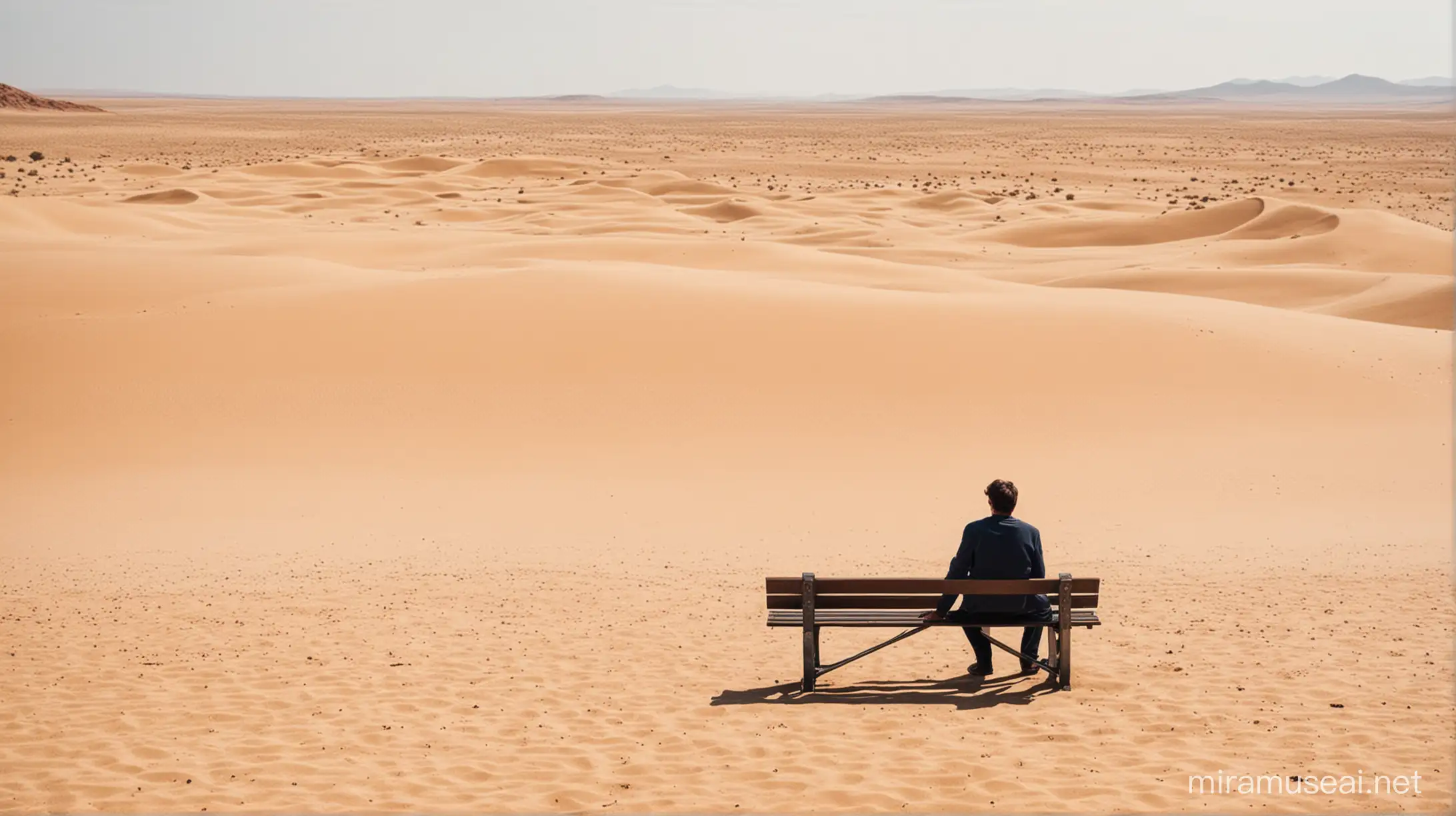 hombre solitario sentado en una banca en medio de un desierto de arena