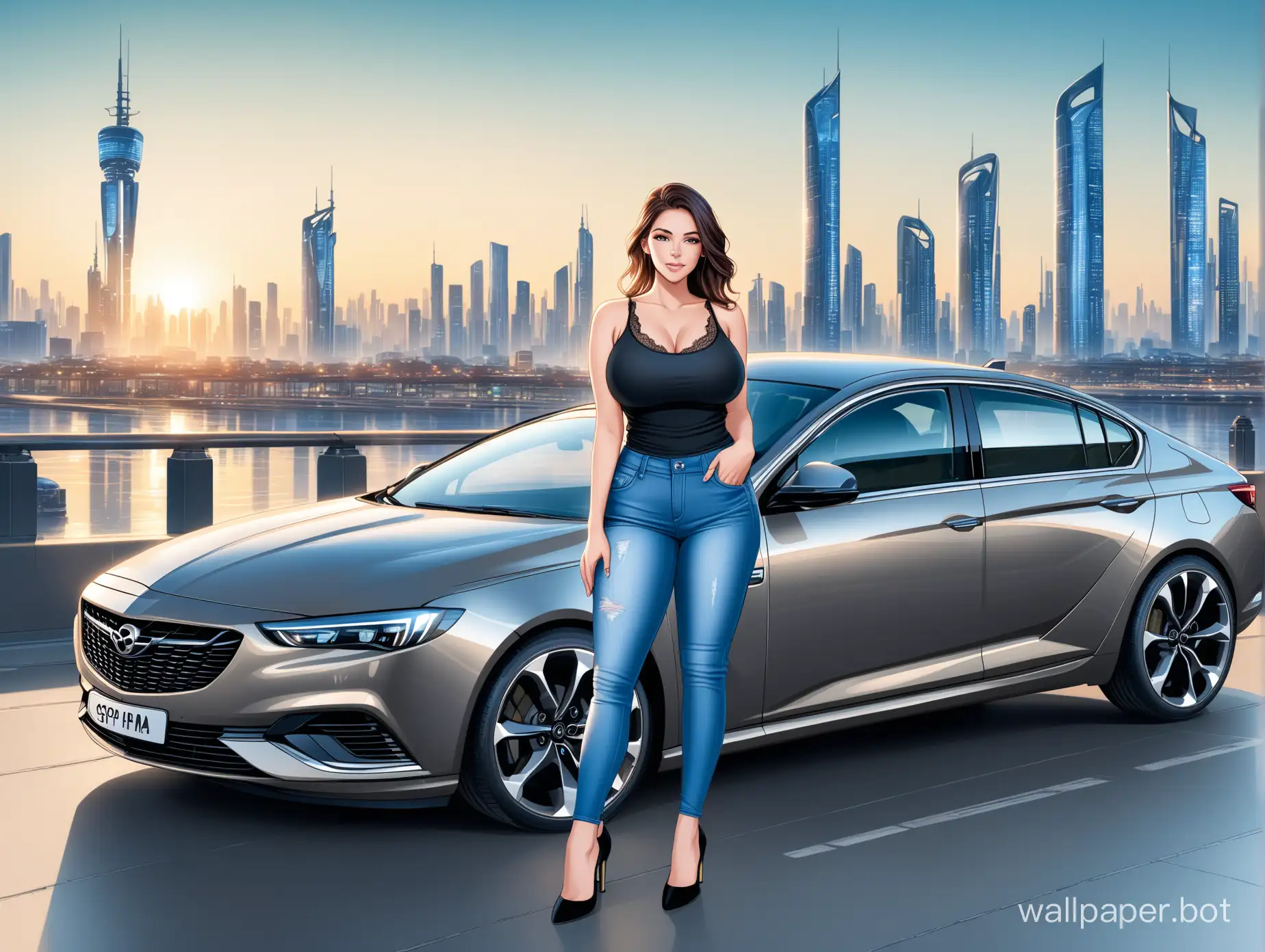 curvy brunette in jeans and black tank top with lace,high heels standing next to a Opel Insignia Grand Sport in steel color with a futuristic city in the background