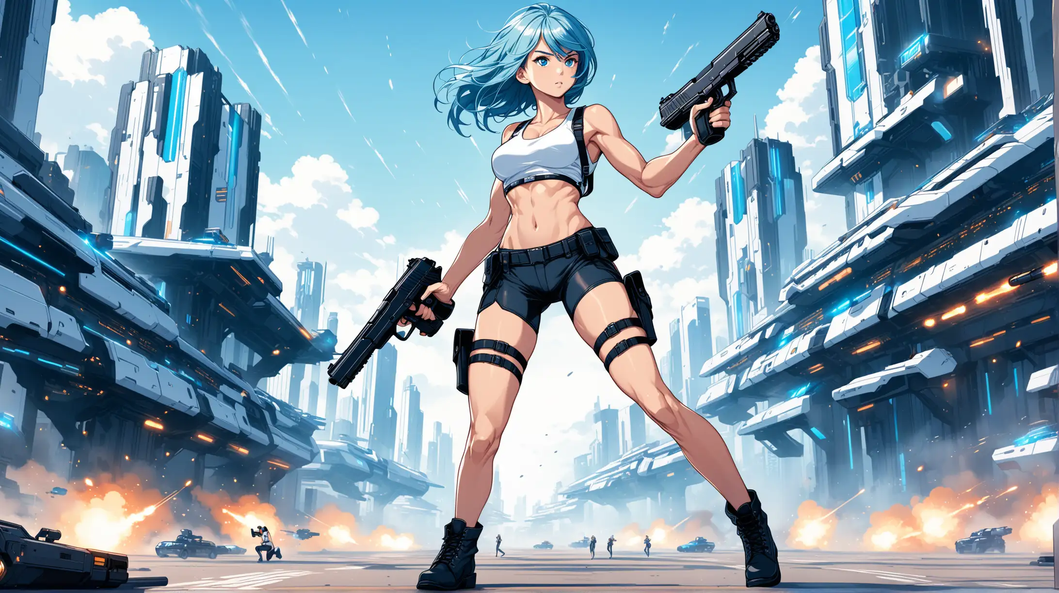 sexy fit 24 year old hero girl, short shaggy blue hair, blue eyes, firing handguns in futuristic town, super skinny toned body, short white tank top, sexy midriff, wearing suspenders, holsters on each thigh, combat boots, blue black white 3 color minimal design
