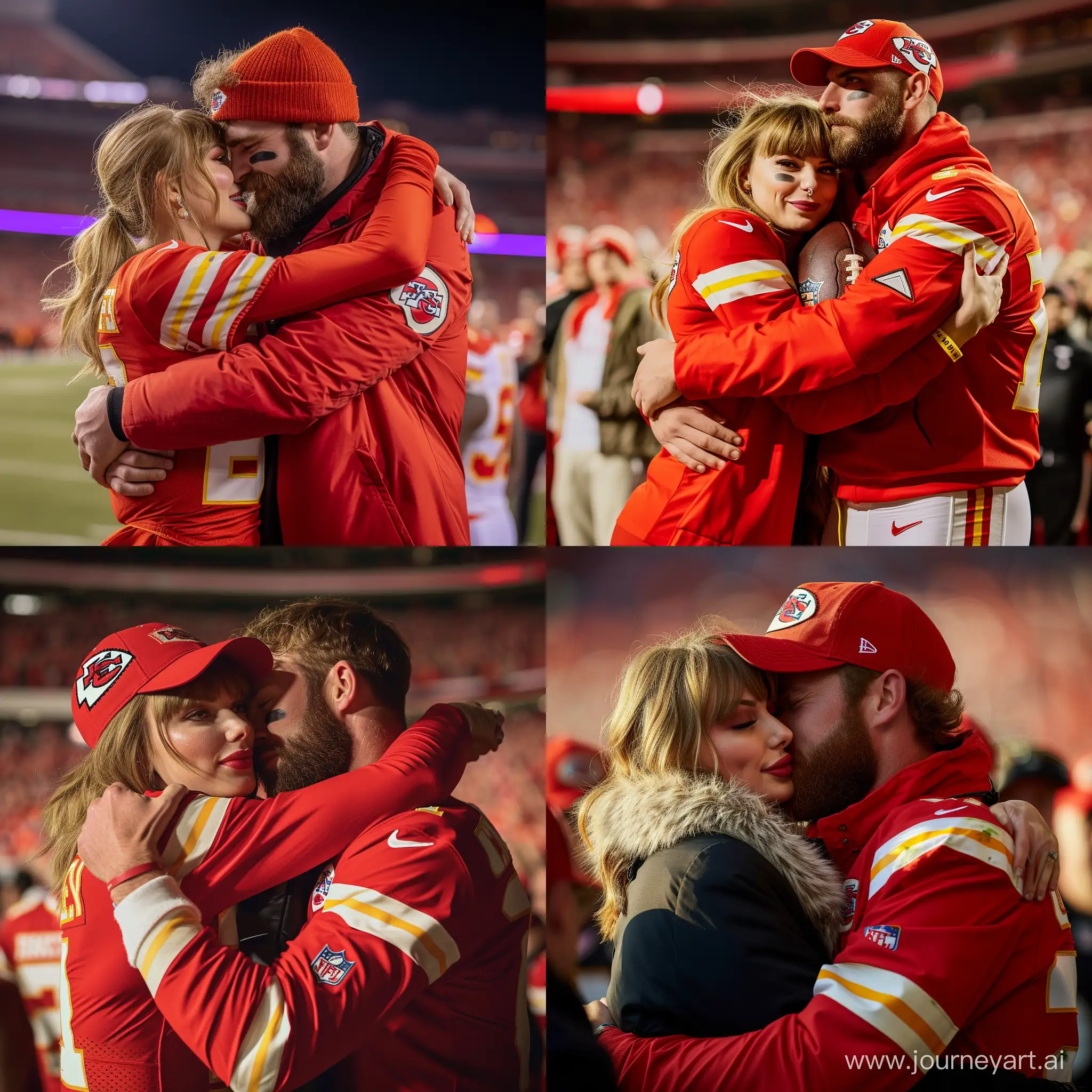 Realistic 8k image of Taylor Swift and Travis kelce embracing in a hug after watching the Kansas City chiefs win the game to get them to the superbowl