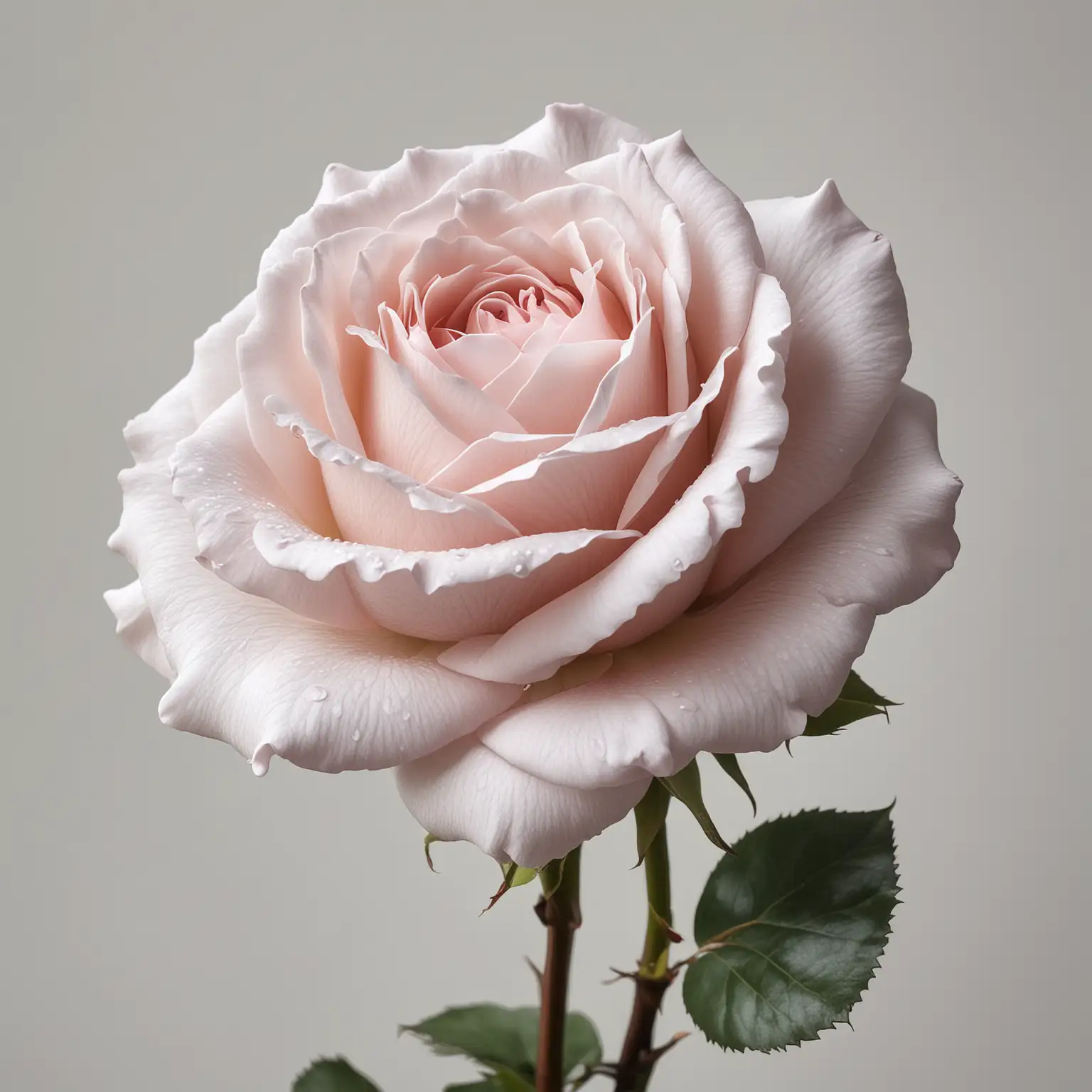 Realistic single garden rose, very pale pink,  on a solid white background in a moody tone