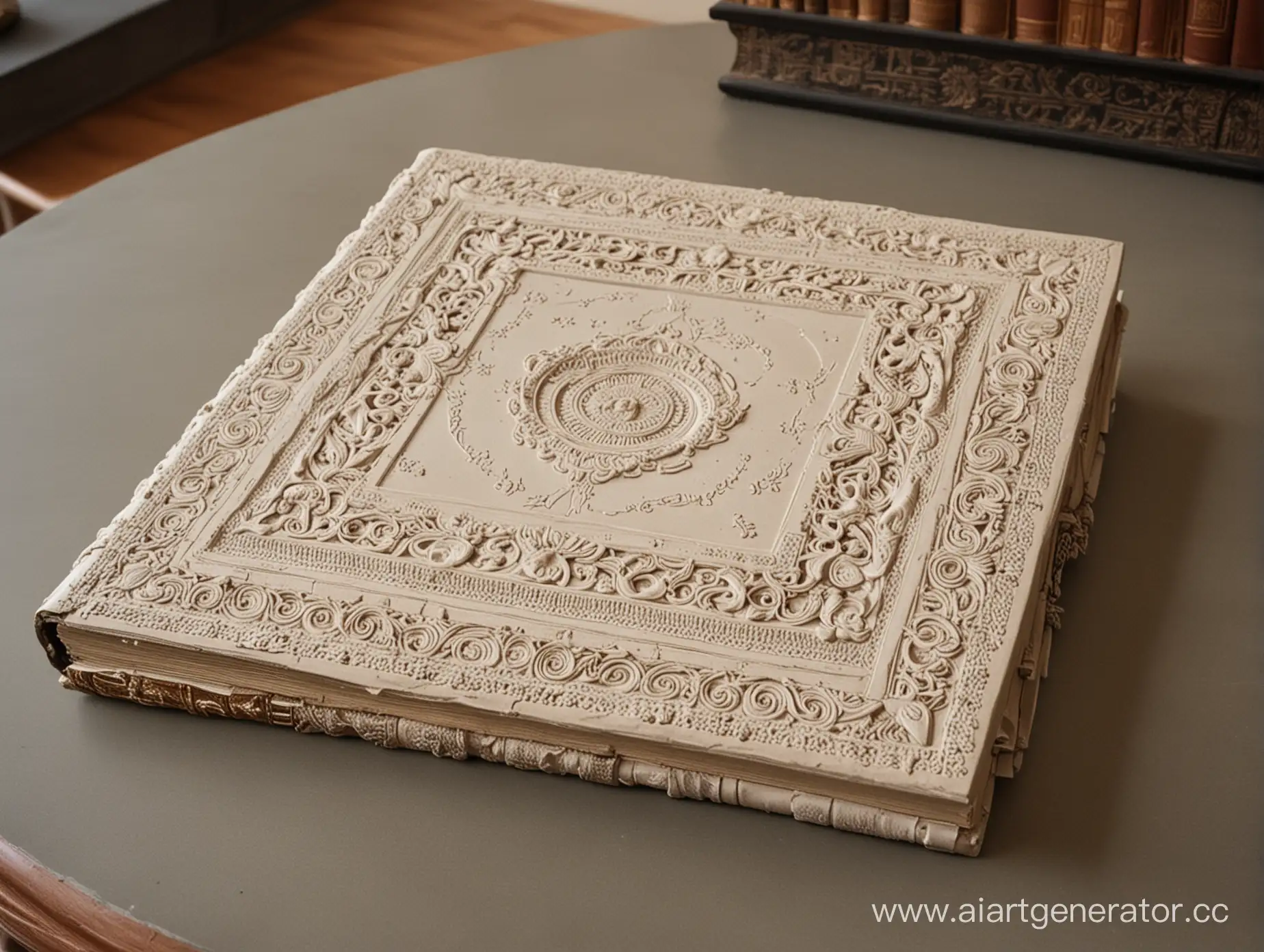 Modern-Library-Table-with-Ornate-Plasterwork-Photo-Album