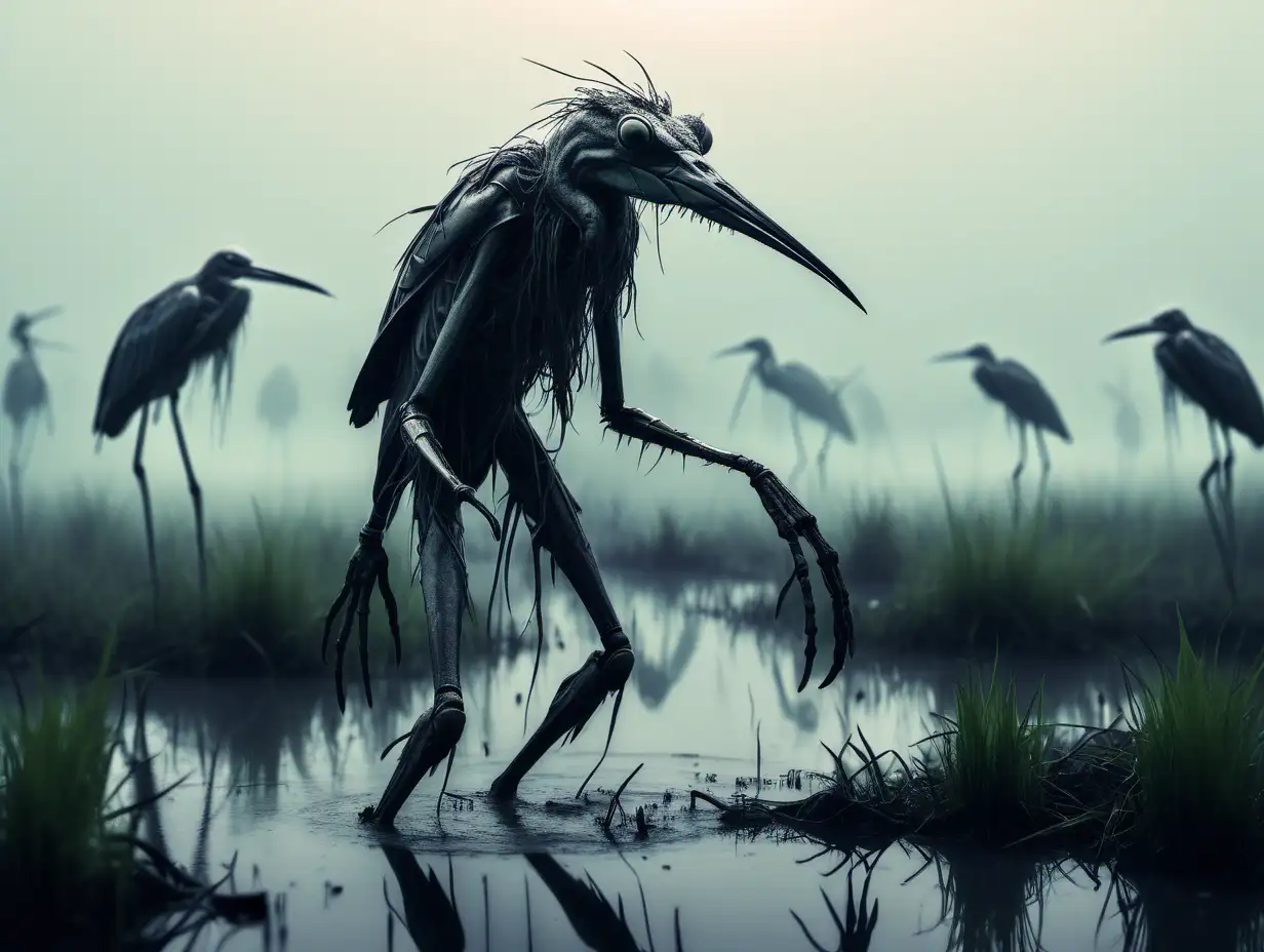 swamp. mosquitoes, raw in real style —v 6, high detail, science fiction, proportional, hyperrealistic, UHD, —v 6 realistic photos photorealistic scene in a swamp in a thick fog gloomy dangerous atmosphere mosquitoes, on the horizon silhouette of a giant heron photograph of an anthropomorphic frog in a special forces outfit, in the hand of a machine gun , in a shroud, Africa, at night —AR 3:4 —stylization 250 —V