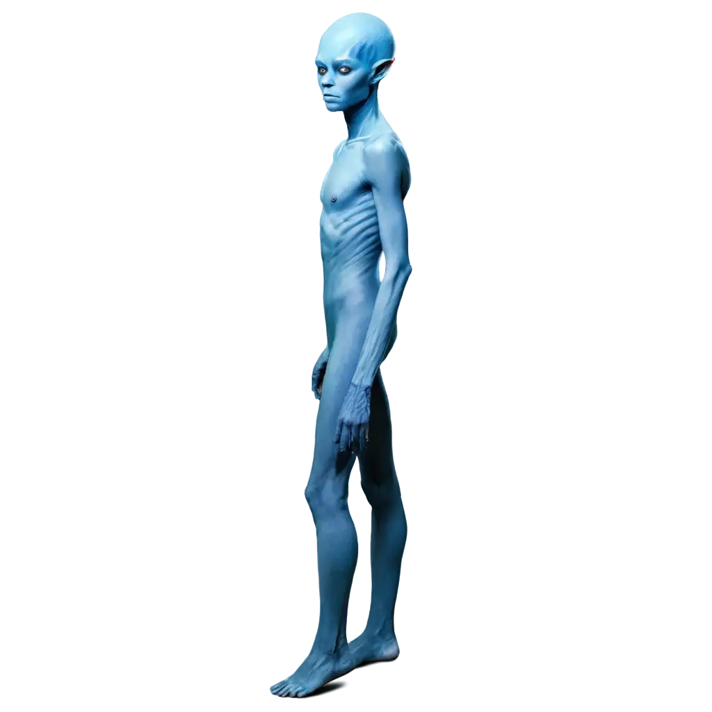 A humanoid alien with blue skin stands sideways