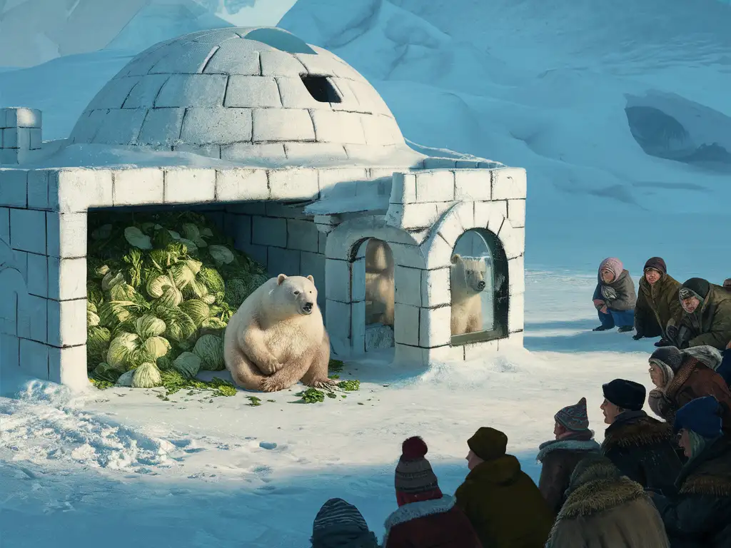 In the endless snowy field, there is an igloo with square corners and a dome roof. There is a lot of cabbage piled in one corner of the igloo. There is also a fat white bear staying in the igloo. The white bear looked at the outside world through the glass of the igloo with expectant and longing eyes. There is a group of people waiting for the big white bear outside the window.