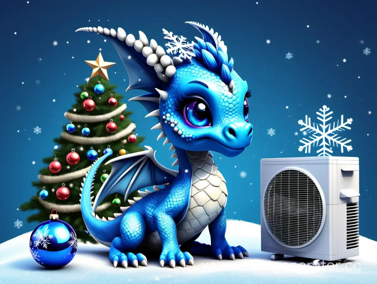 cute blue baby dragon with air conditioners and Christmas tree and cristmas balls and snowflake