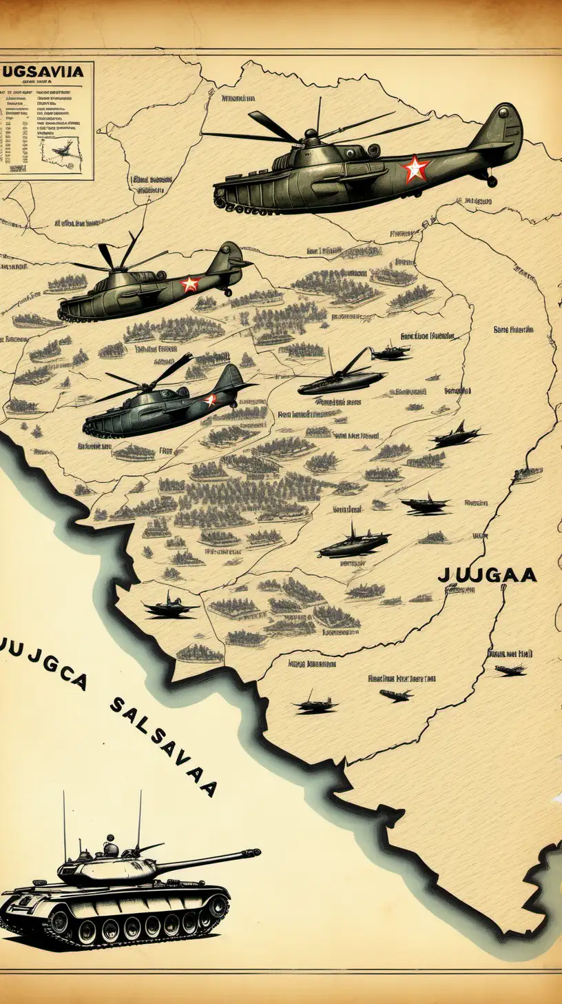 Yugoslavia map with tanks and war planes sketch