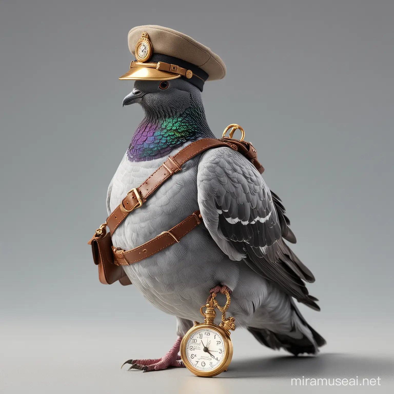  pigeon wearing a mailman hat with a satchel and has a gold stopwatch