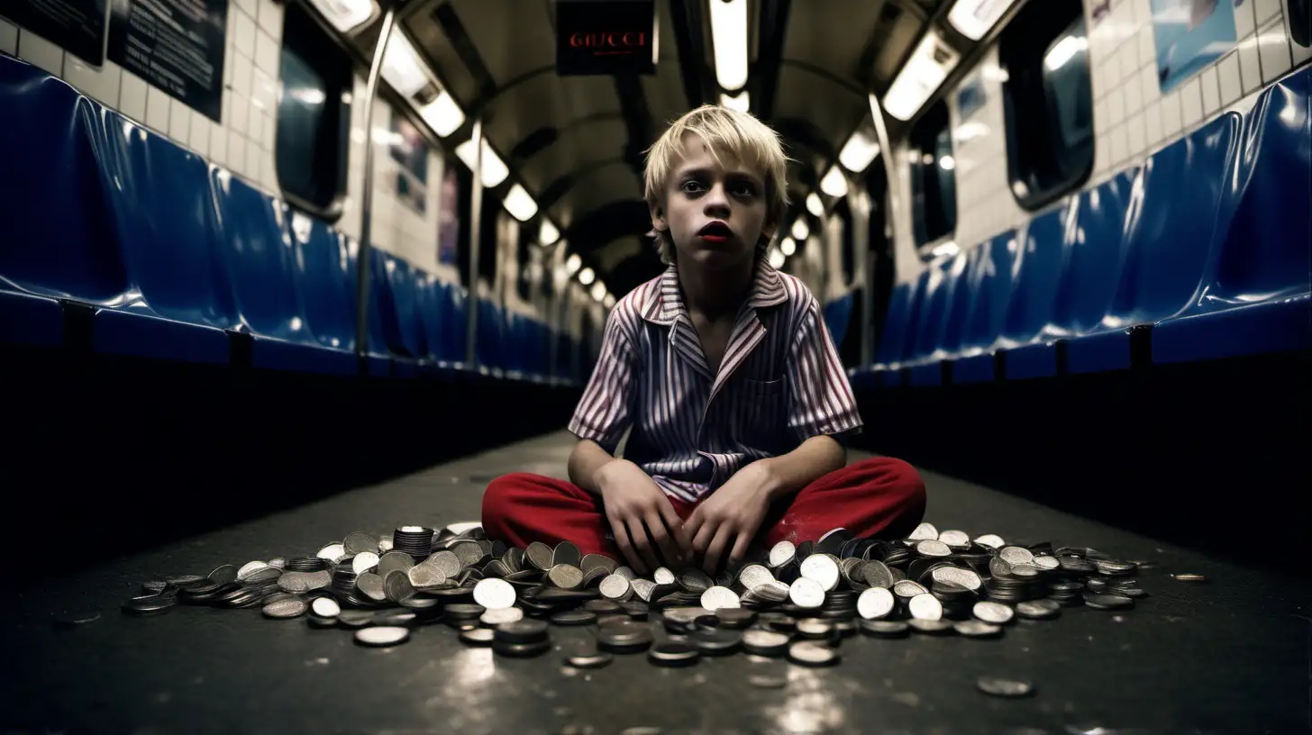 Dark Wide shot. At night A handsome looking blonde kid. and junkie look. Barefoot in a busy, and very dirty London Underground  train station at night light with Neon lights, bLUE AND RED. He is sitting on flat cardboard boxes that lay on the floor. He's begging for change, or looks like he's selling something. one cardboard box is full of coins. with some coins in a cup. and loads of coins Dressed in a full real Gucci  pyjamas. same top pattern as the bottom part. We must see the logo on the clothes.
it should look like a film with a very dirty look, dirty station.
It should have a soft look, with grain from the film. 
shot on a 12mm lens, fish eye effect. 
vintage camera with "Canon FD" lenses.
It should fit the slogan "It's not about where you are, but what you wear" a high fashion shoot