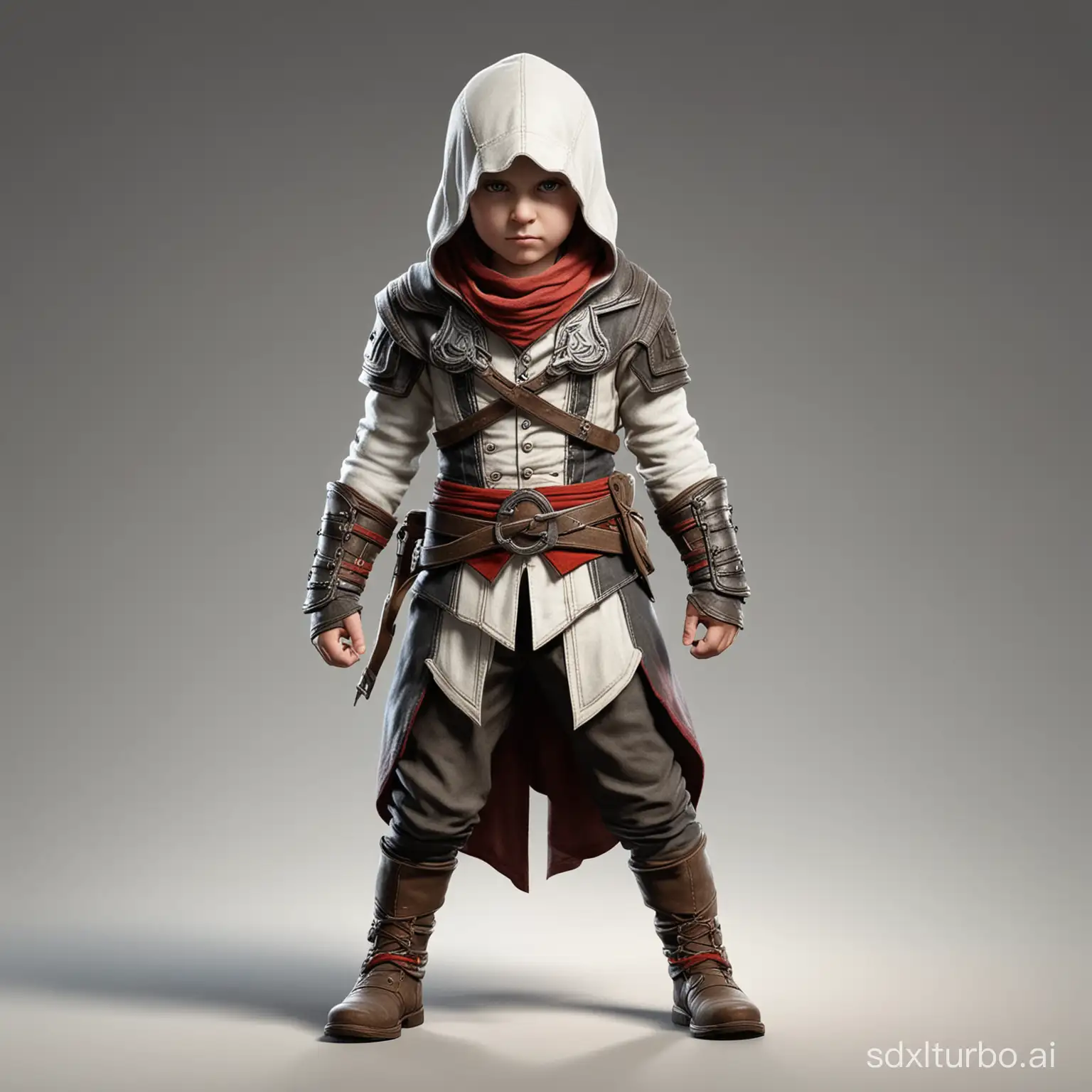 Little child Assassin's Creed with masculine face, game character, stands at full height