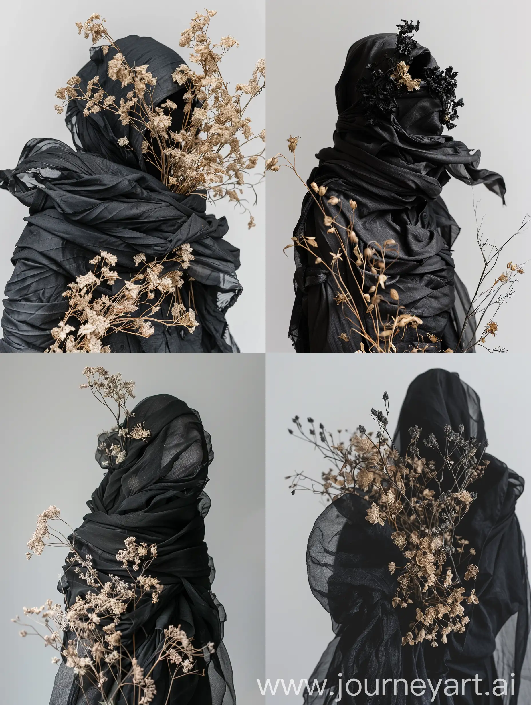 create an image of dry flowers and black abstract clothing wrapped around the flowers