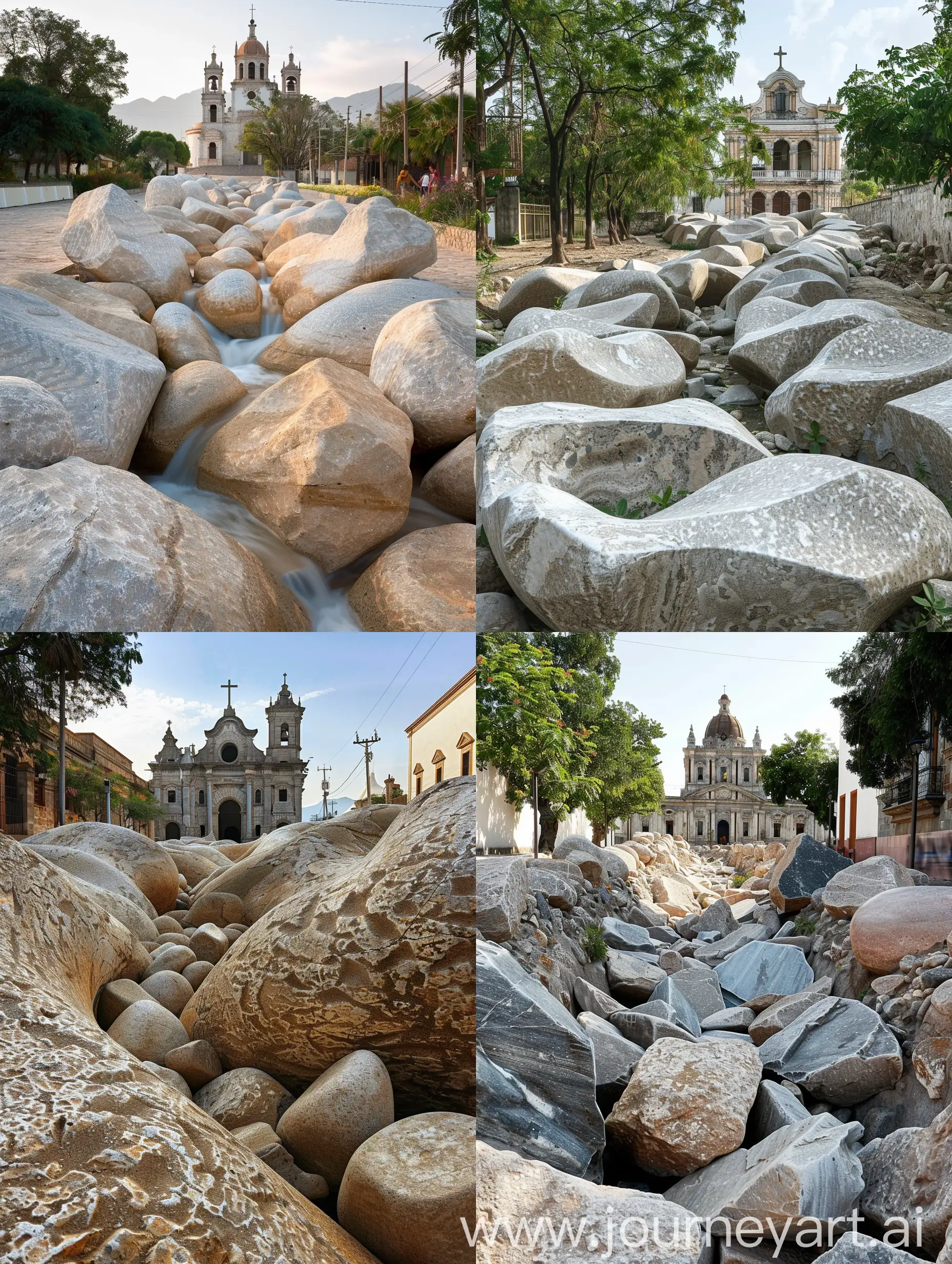 una escultura urbana bajo el concepto de un rio de grande piedras, del Municipio de Tlaquepaque, Jalisco, México; este rio se encuentra abandonado y frente a un templo católico, barroco del siglo XVIII.