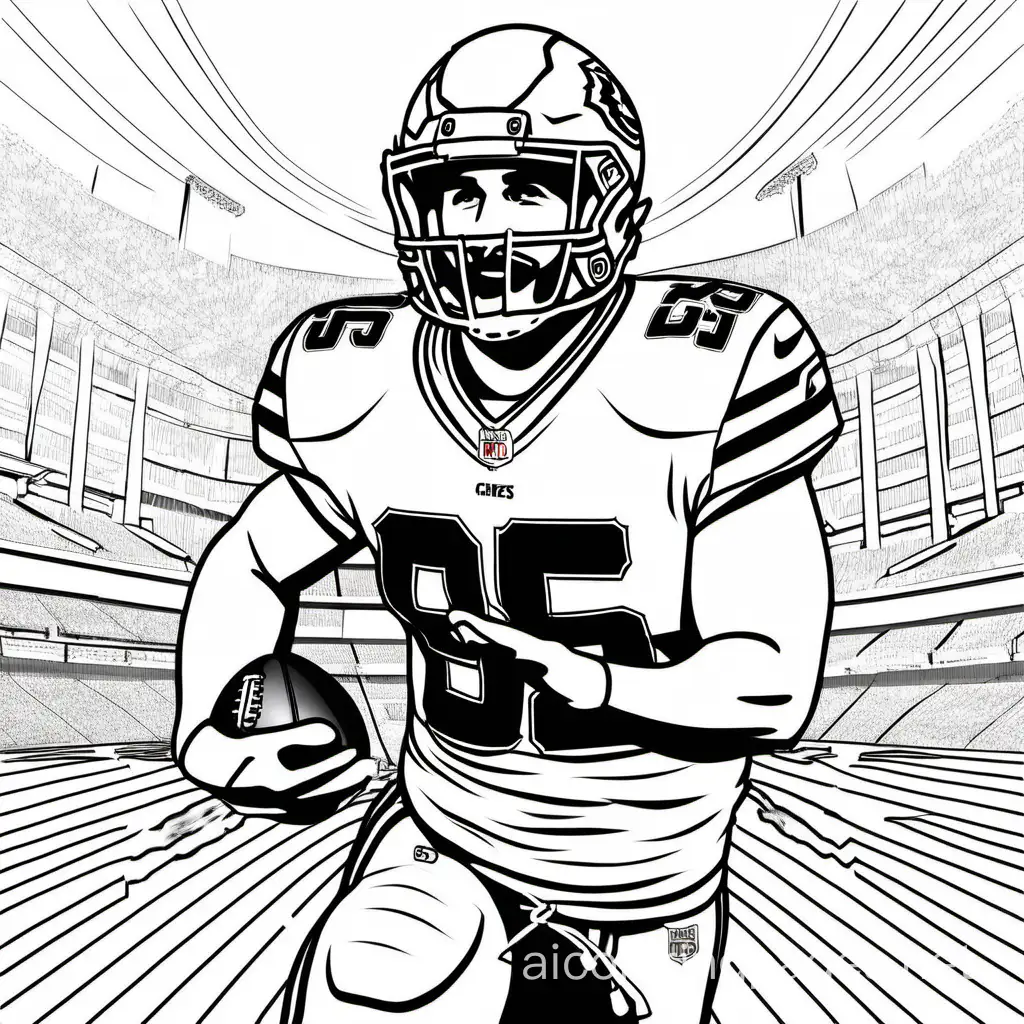 Travis Kelce Kansas City Chiefs, Coloring Page, black and white, line art, white background, Simplicity, Ample White Space. The background of the coloring page is plain white to make it easy for young children to color within the lines. The outlines of all the subjects are easy to distinguish, making it simple for kids to color without too much difficulty