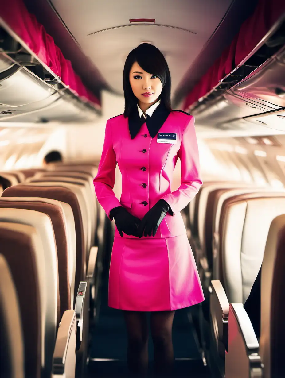 /imagine prompt: An ultra-realistic full-length, showing legs with black pantyhose and black high heels standing in a cabin photograph captured with a canon 5d mark III camera, equipped with an 70mm lens at F 1.8 aperture setting, portraying an elegant 18 yearsJapanese  lady absolutely from the side, wearing modern flight attendant bright pink uniform [photorealistic]. The background is in a plane, highlighting the subject. The image, shot in high resolution and a 9:16 aspect ratio, captures the subject’s natural beauty and personality with stunning realism Soft spot light gracefully illuminates the subject’s arm, all body is luminated very well, casting a dreamlike glow. –ar 9:16 –v 5.2 –style raw