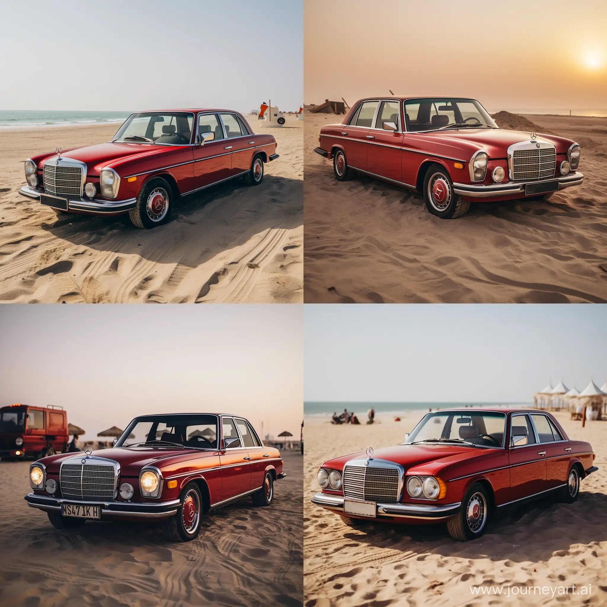 Vintage-Red-Mercedes-W123-Beach-Scene-in-Dubai