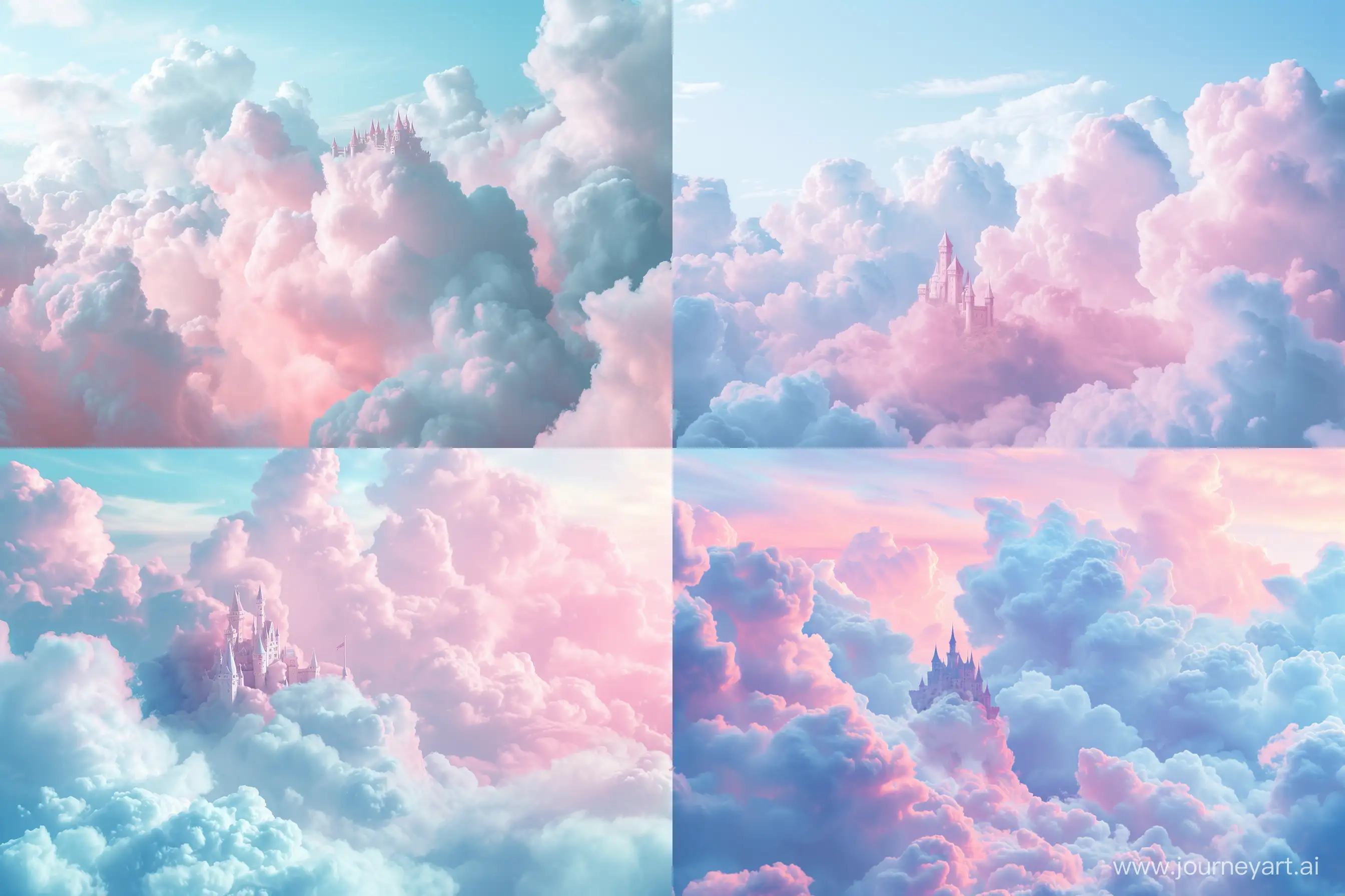 ultra relaistic sky, love castle made of clouds, dreamy clouds pink and baby blue all around --ar 3:2