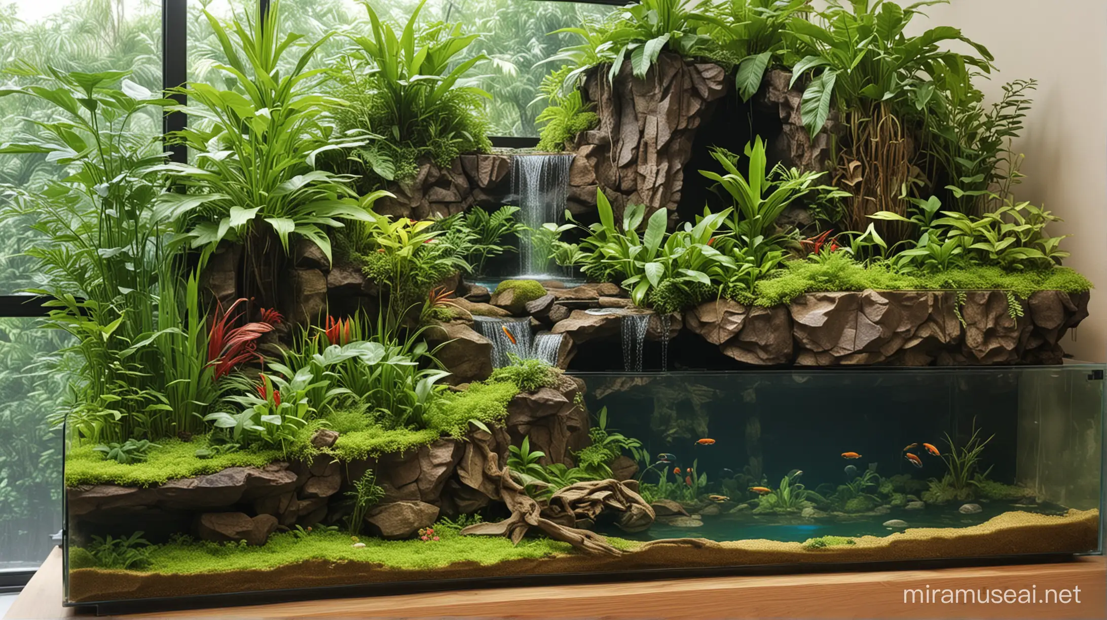 Tropical snake paludarium with cliff waterfall and lake-side.