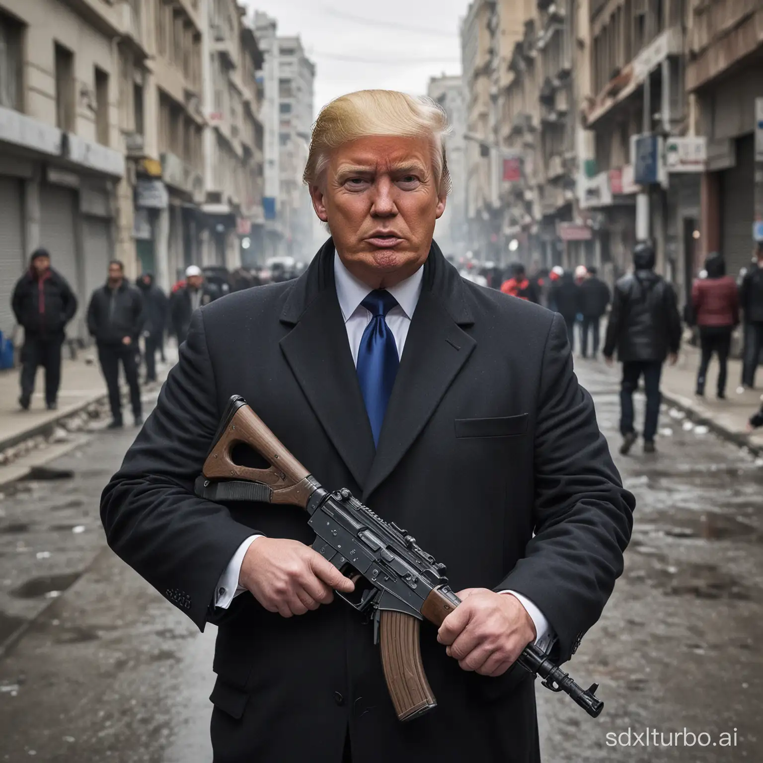 A man who closely resembles Donald Trump, holding an AK-47 in hand, stands in a street