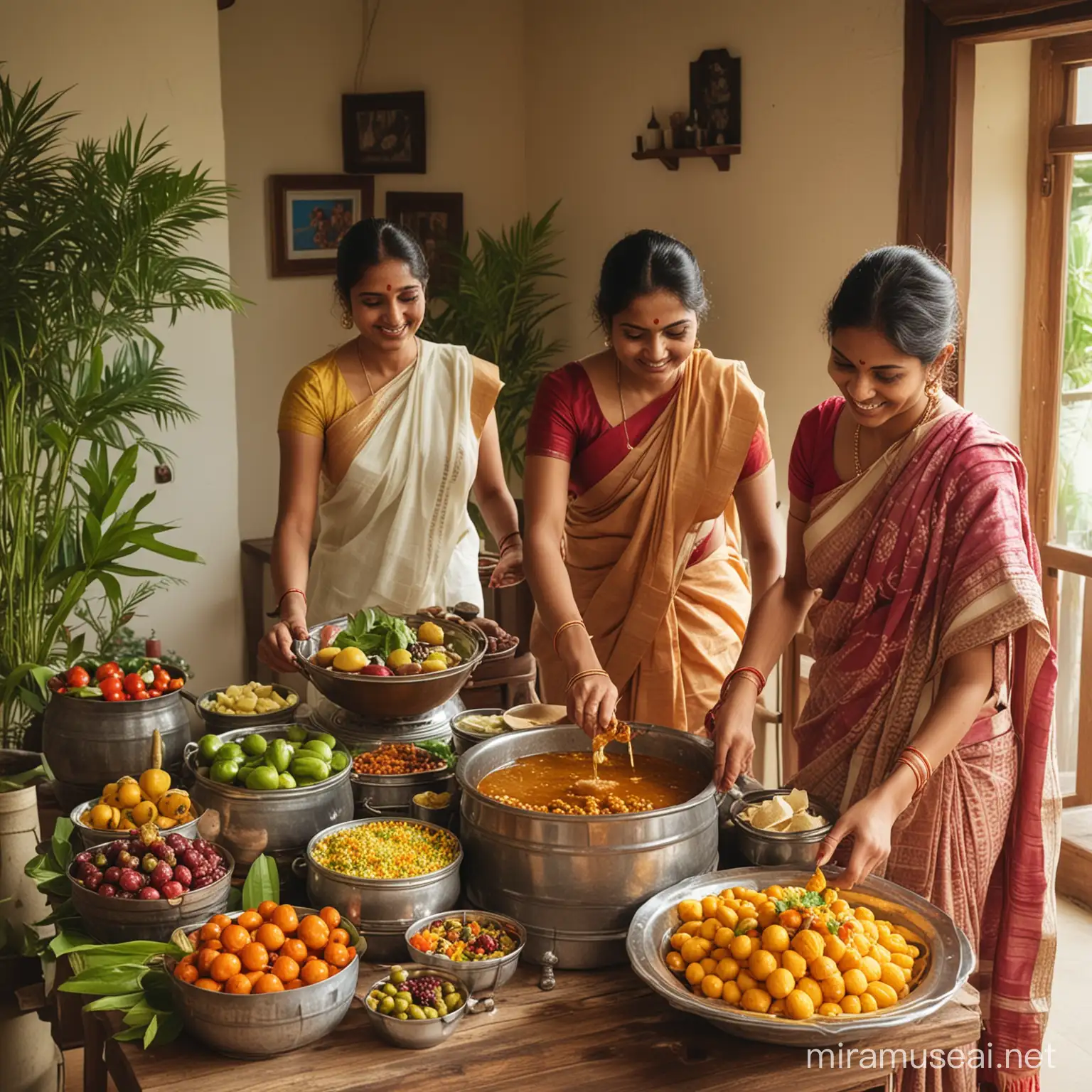 Indian traditional family celebrating ugadi in a well ventilated authentic home with furnished interiors preparing Ugadi Chutney with required ingredients 