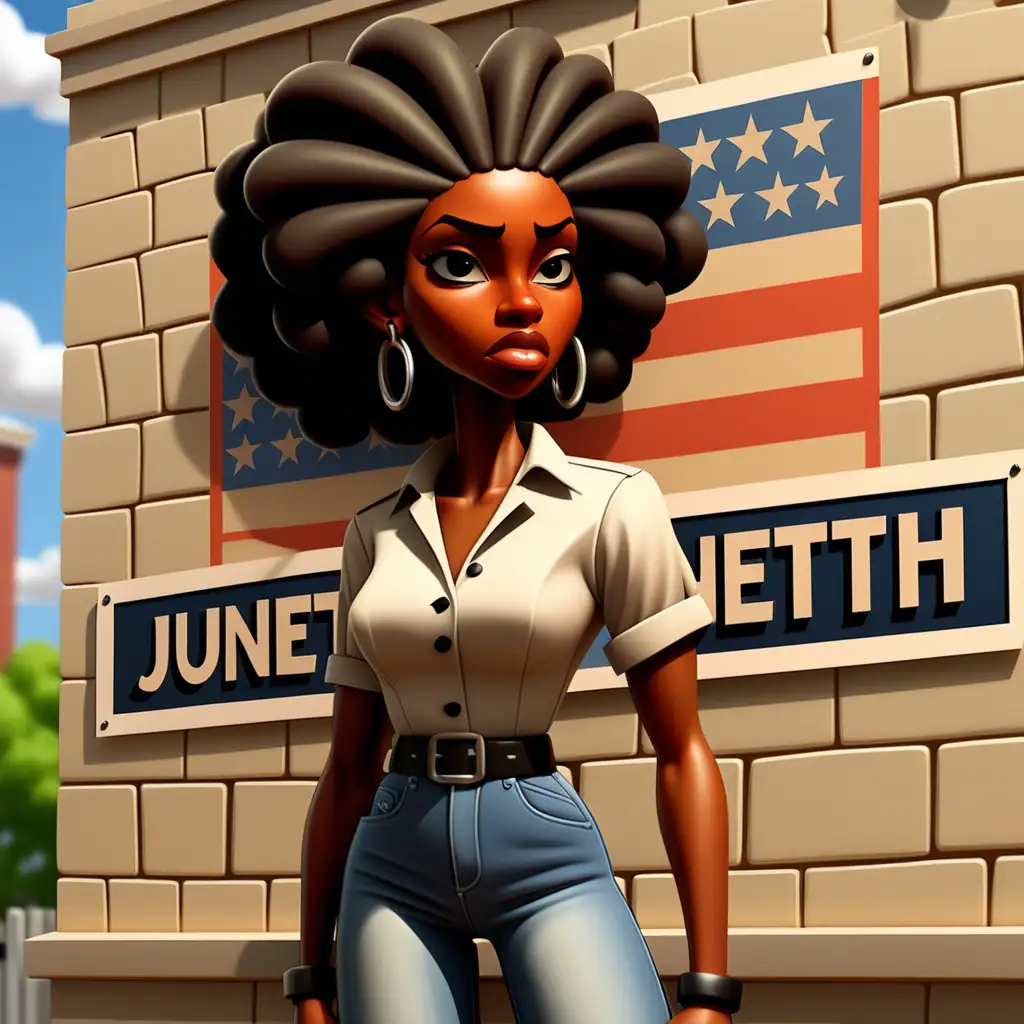 cartoon-style poster with the  word Juneteenth on a wall no people