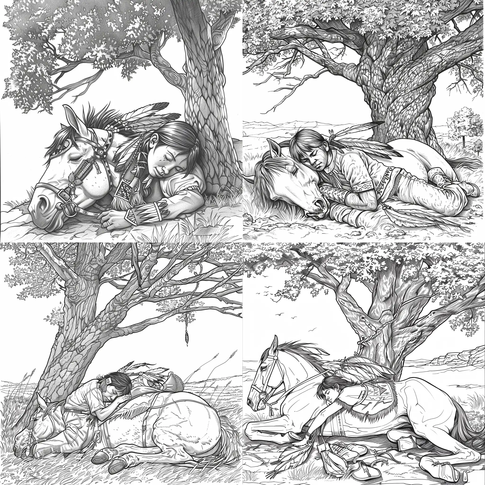 Serene-Native-American-Boy-Napping-on-Horses-Neck-Coloring-Book-Illustration