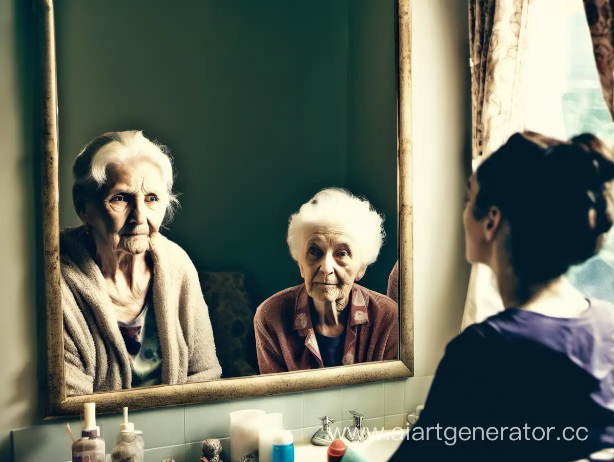 молодая женщина сидит а в зеркале отображается пожилой