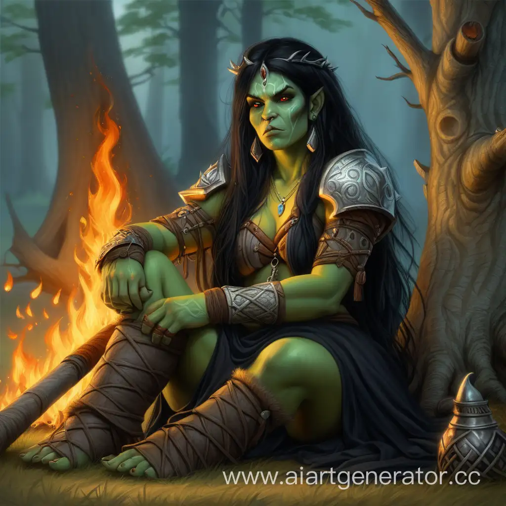 Enchanting-Orc-Woman-Druid-Resting-by-Tree-with-Mace-and-Fire