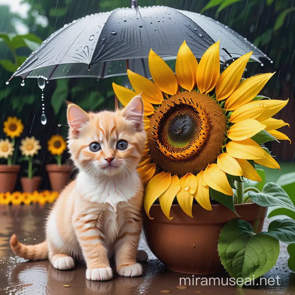 Adorable Kitten and Puppy Sheltered by Giant Sunflower Umbrella in the Rain