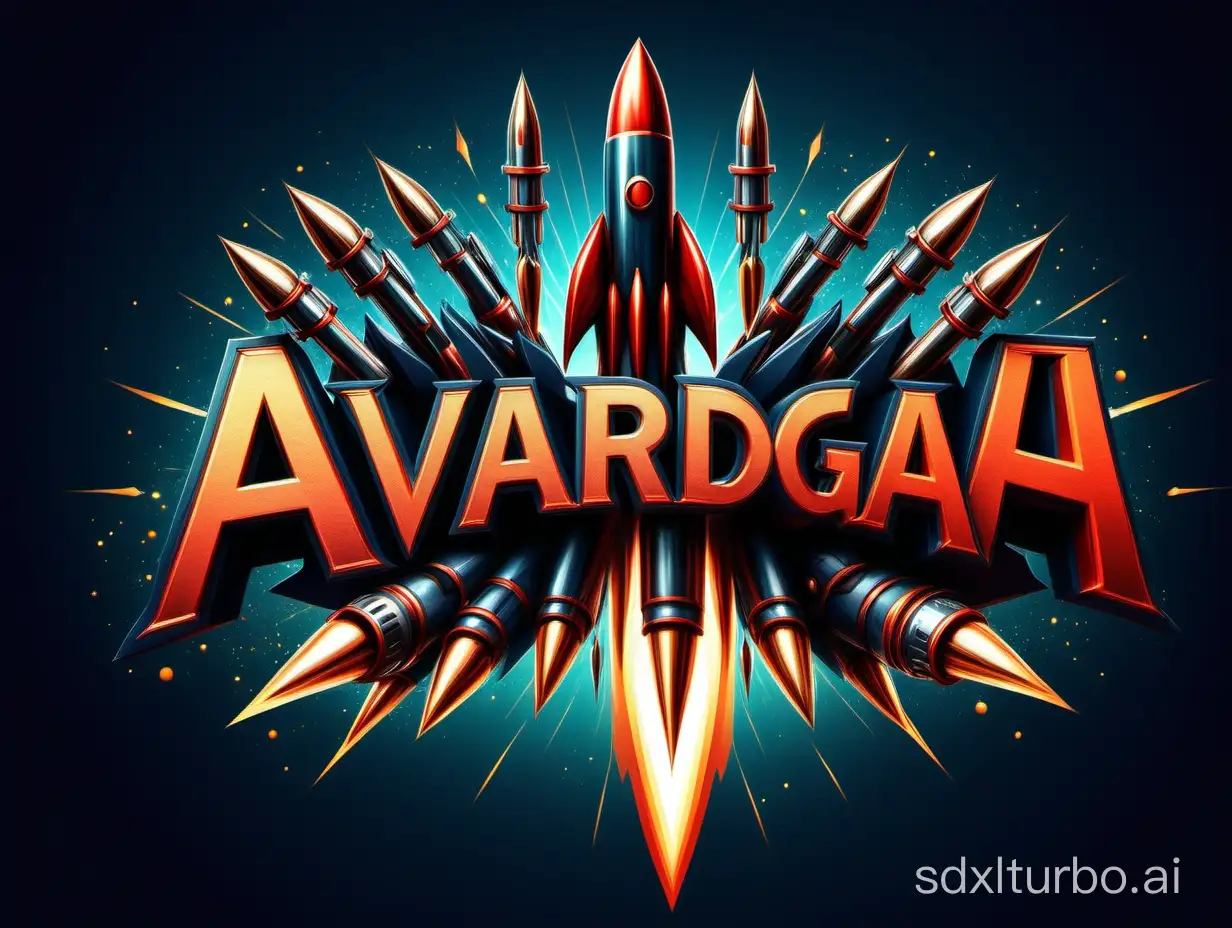 create text logo from "AvardgaH" with sharp edges and bullets and rockets decoration, front view, clean, lights, simple