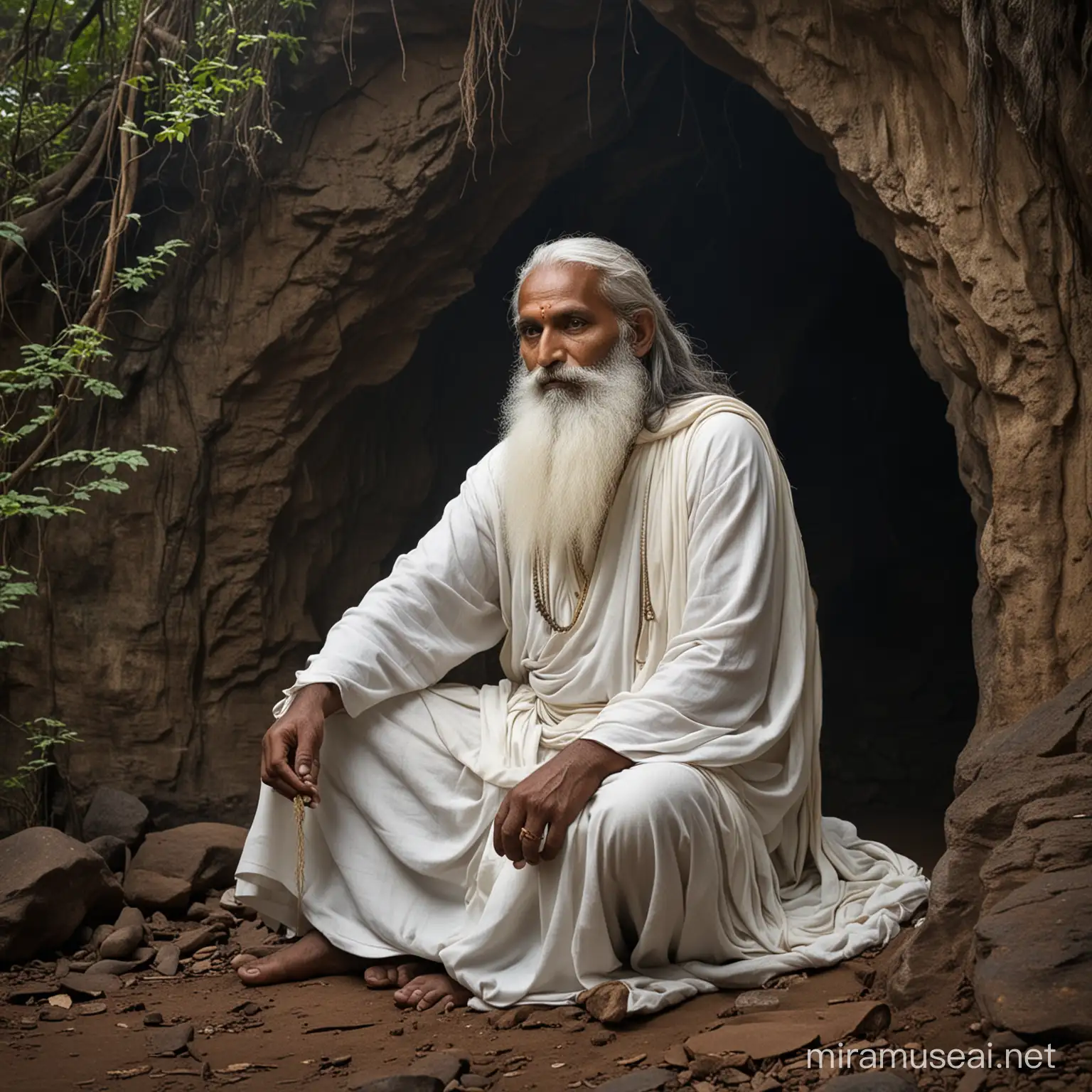 an indian saint  sitting in a dark forest cave, he has white and long long beard touching the ground