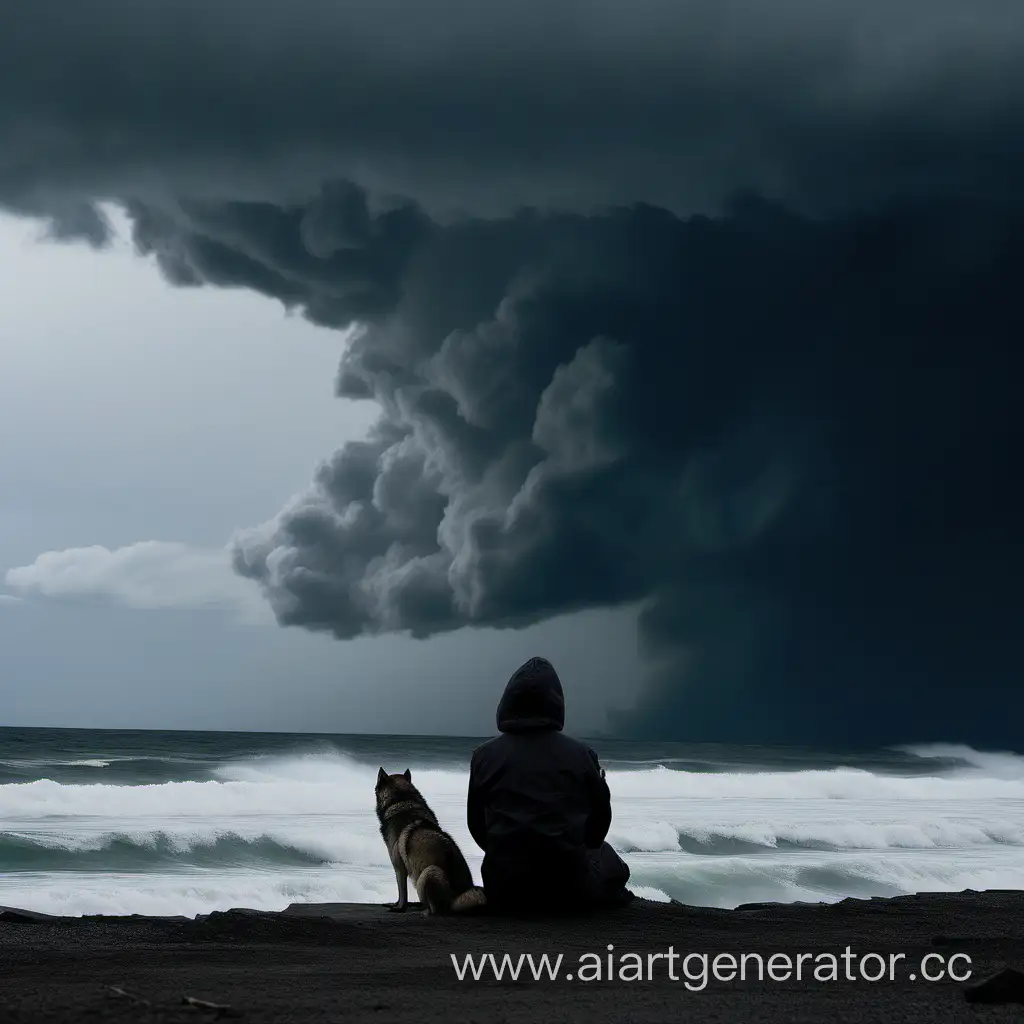 море на заднем плане,сахалин, нанаец мужчина, сидит боком , смотрит в даль, рядом сидит волк,пасмурно , надвигается циклон, качественное фото 