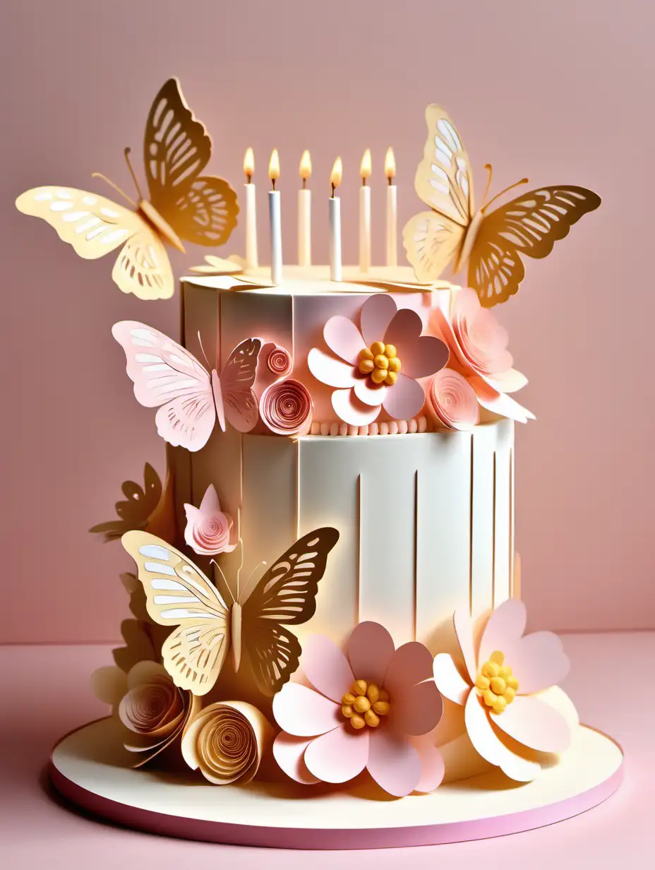 Multi - Dimensional Paper - cut craft, side flat
view of a birthday cake, children book style,
light pastel pink theme, golden colors, paper
- cut, light white color ,flowers on cake, butterfly in background high detail, 8k, high
quality, hyperrealistic
