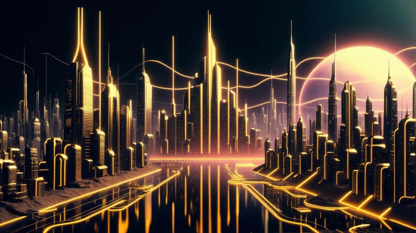 Golden Neon Lights Illuminate Futuristic Cityscape