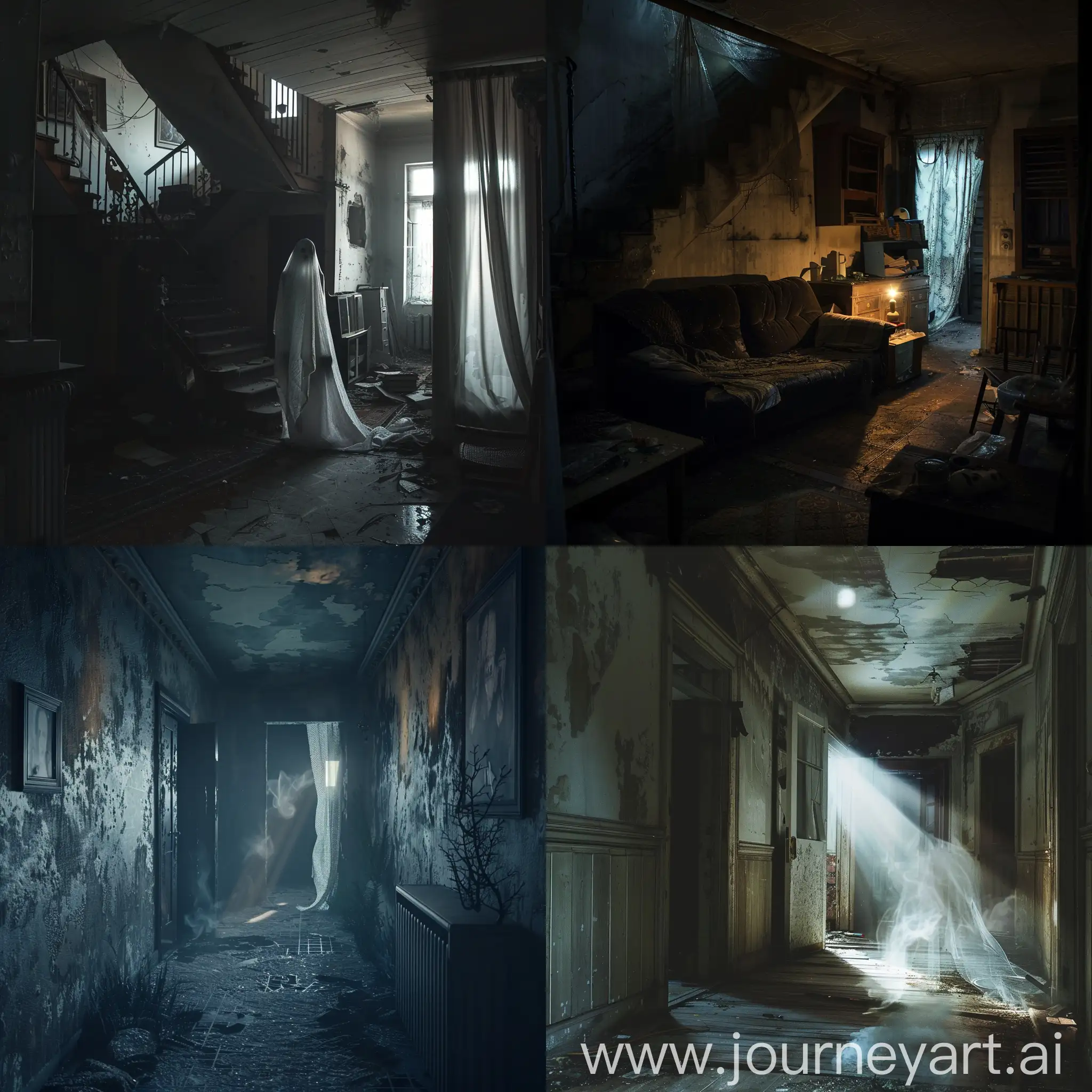 an abandoned apartment,terrible  Ghost, Dark Atmosphere, Dark Fantasy