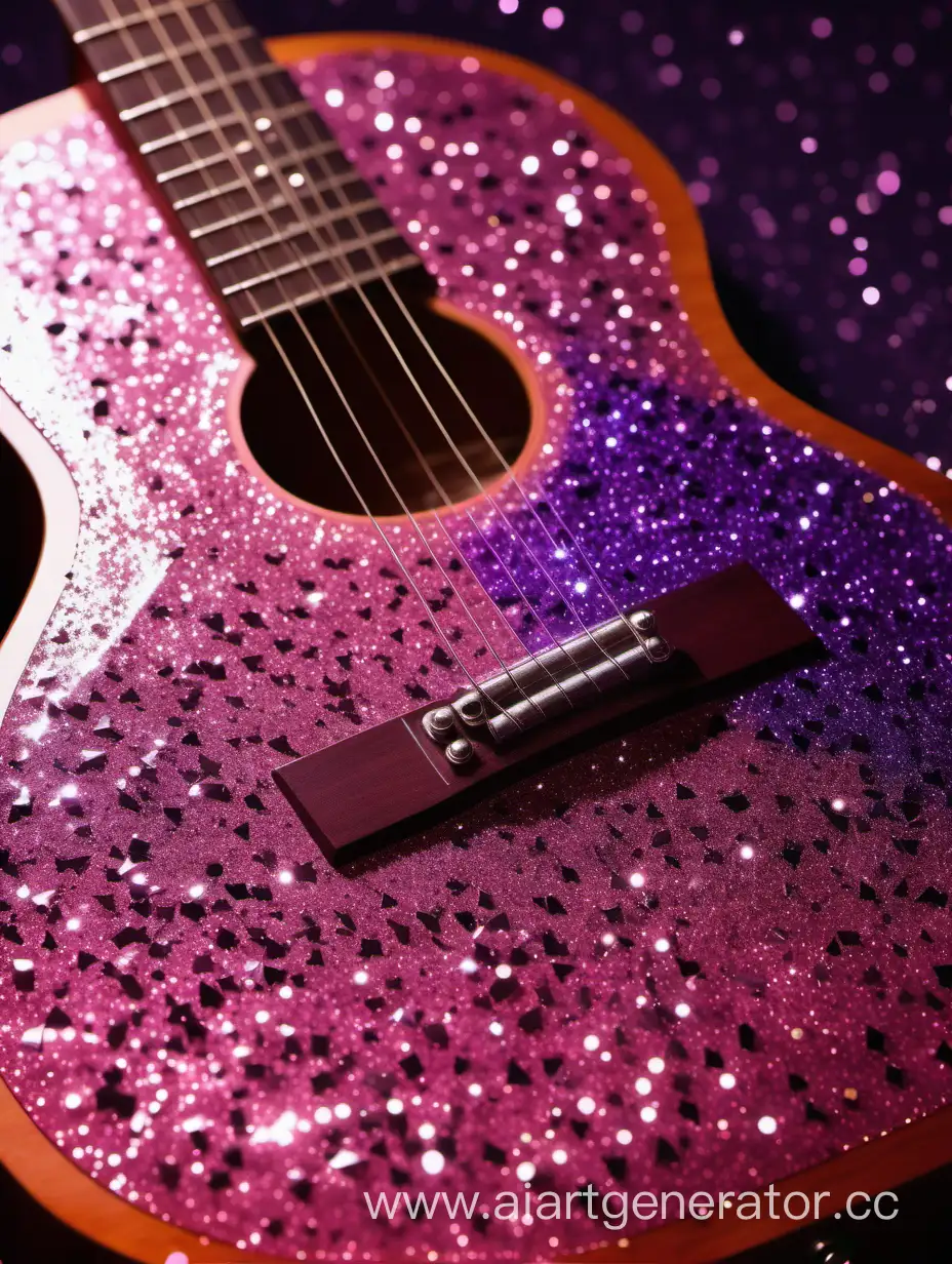 гитара, красивая расцветка, много блесток, острые концы, розовый цвет, фиолетовый цвет, блестящие блестки, демонстрация гитары, блики на гитаре, реалистичное фото