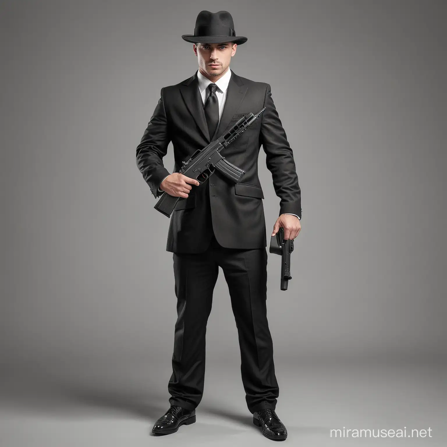 Suited Gangster Holding Gun in Full Body Portrait