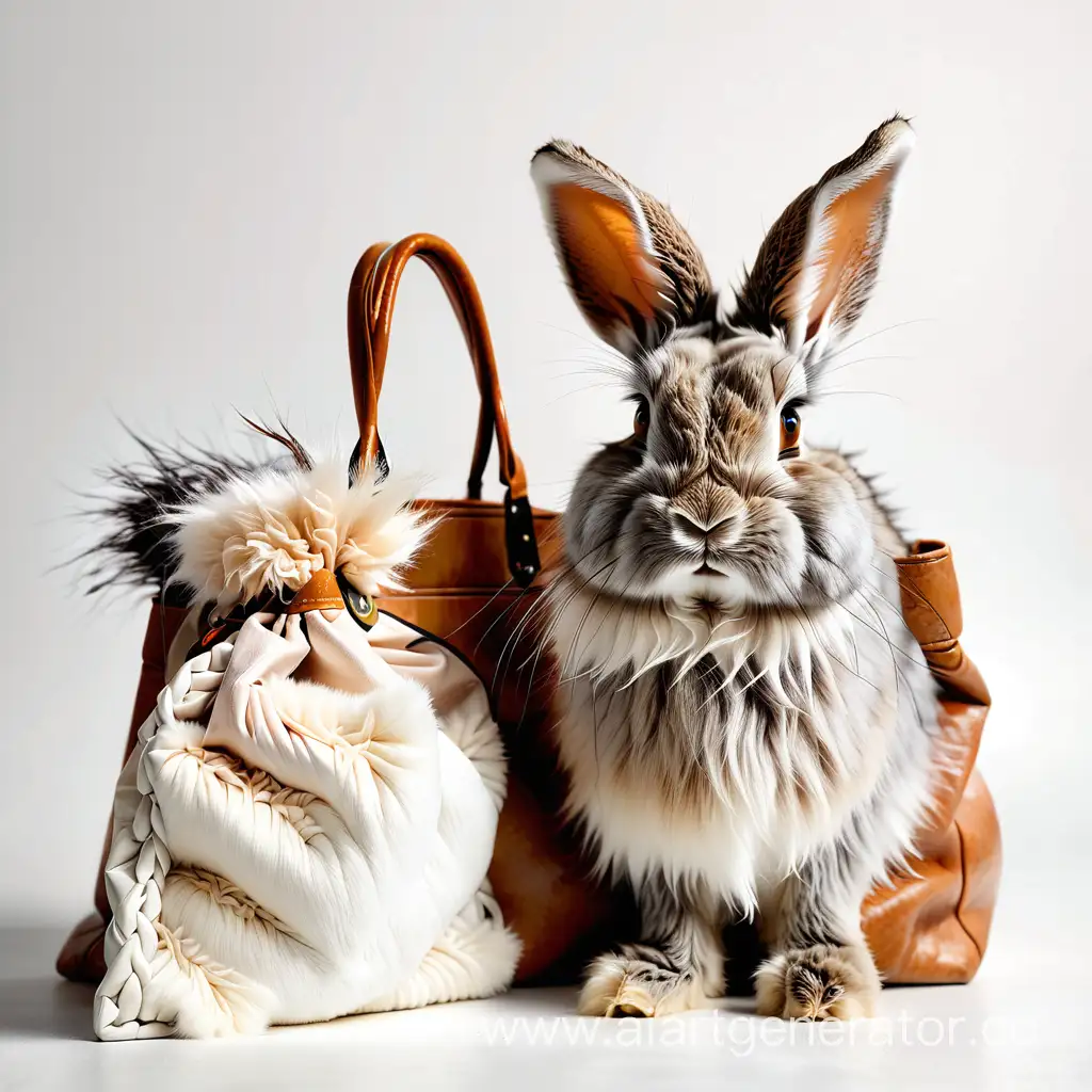 кролик рядом с одной сумкой из кроличьей шерсти на белом фоне

