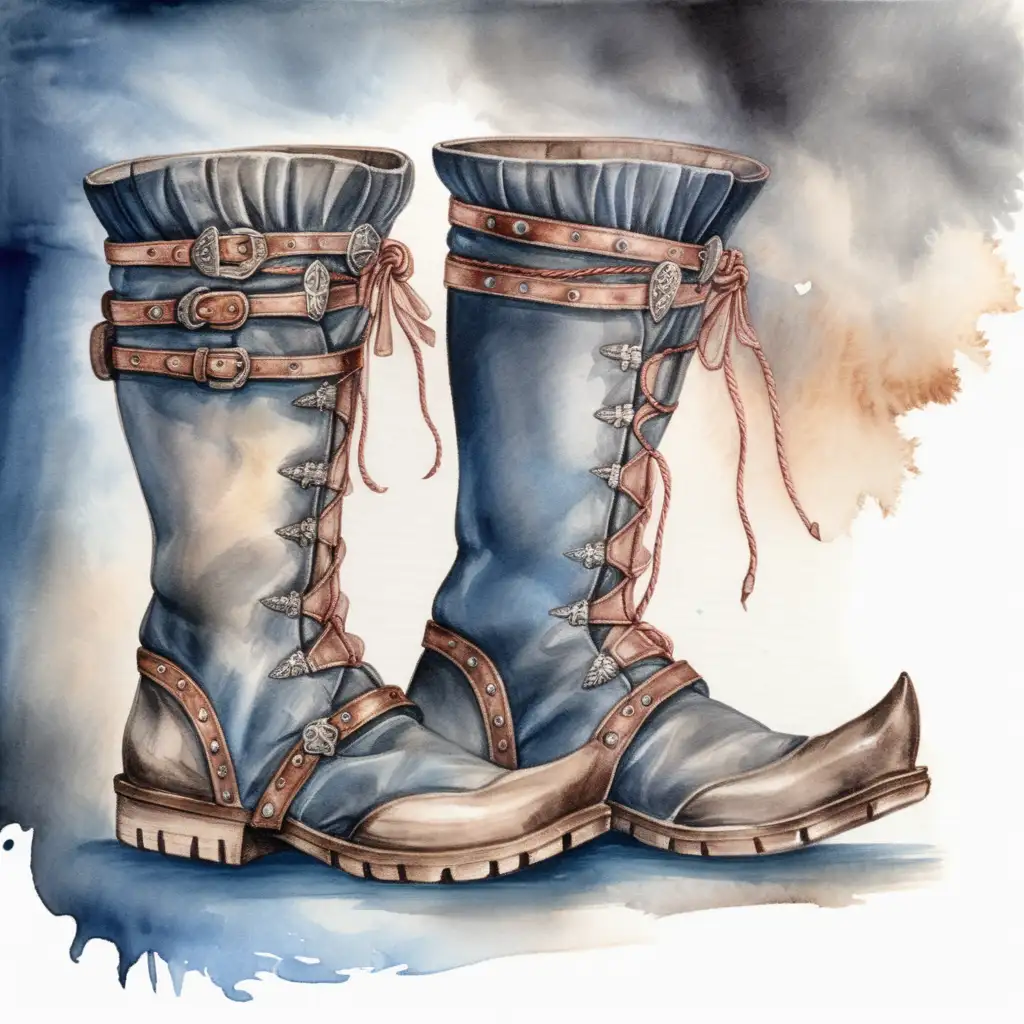 fantasy medieval boots, dark watercolor drawing, no background